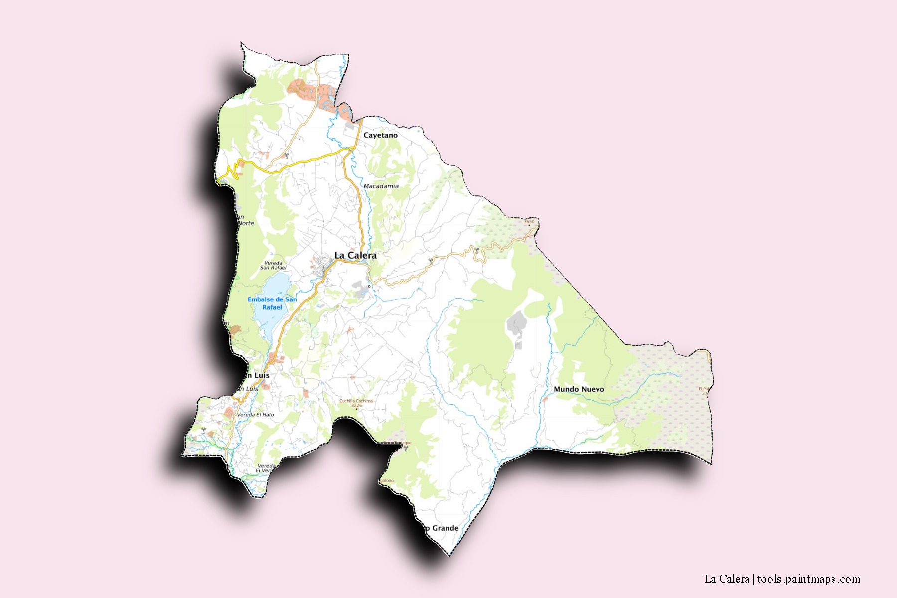 La Calera neighborhoods and villages map with 3D shadow effect