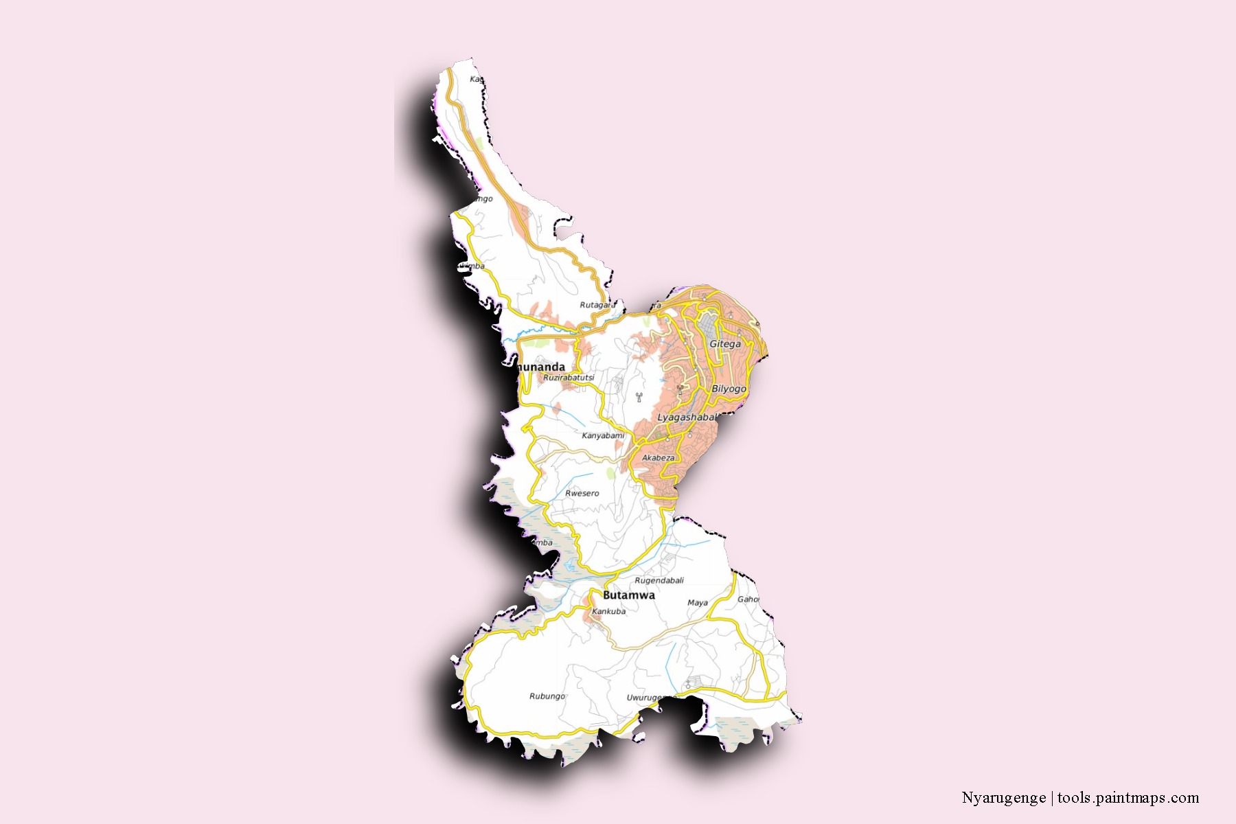 Mapa de barrios y pueblos de Nyarugenge con efecto de sombra 3D