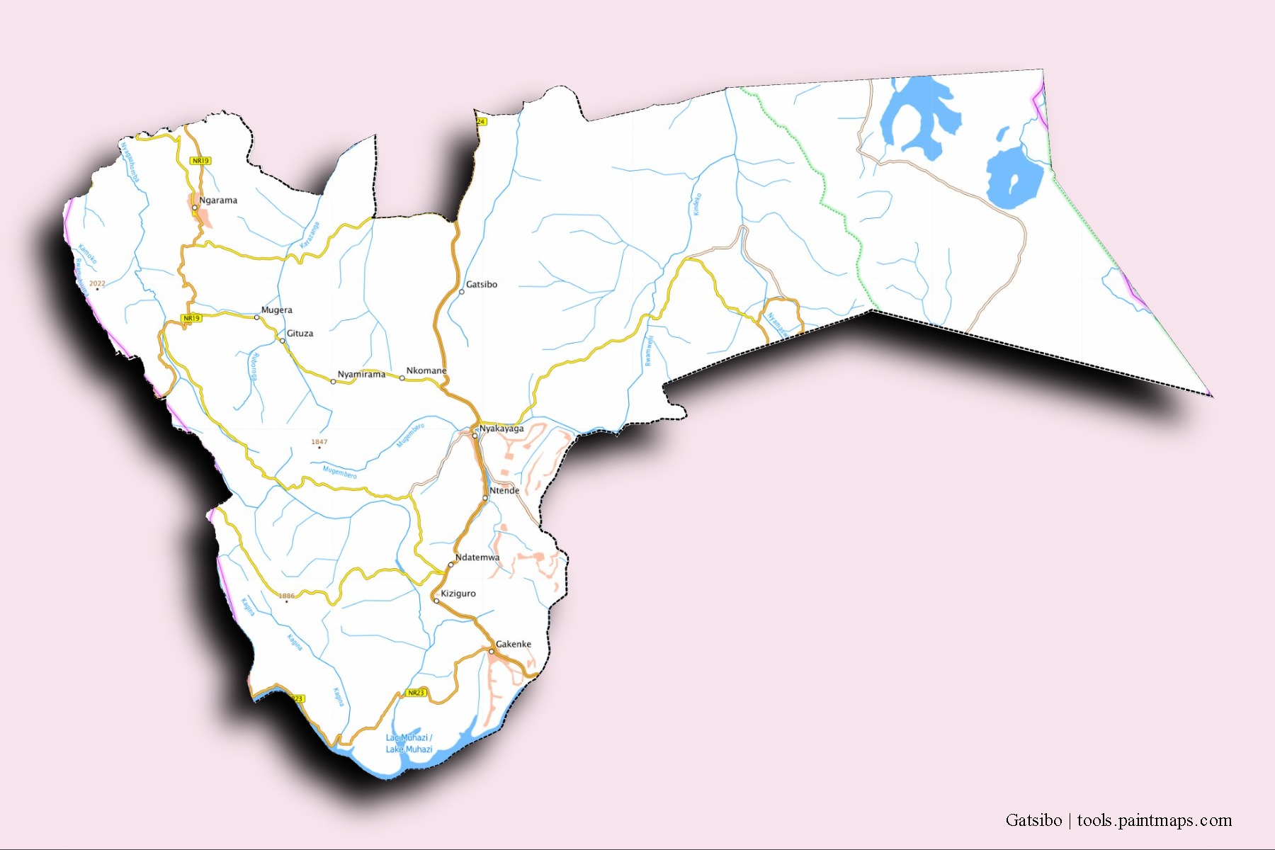 Mapa de barrios y pueblos de Gatsibo con efecto de sombra 3D