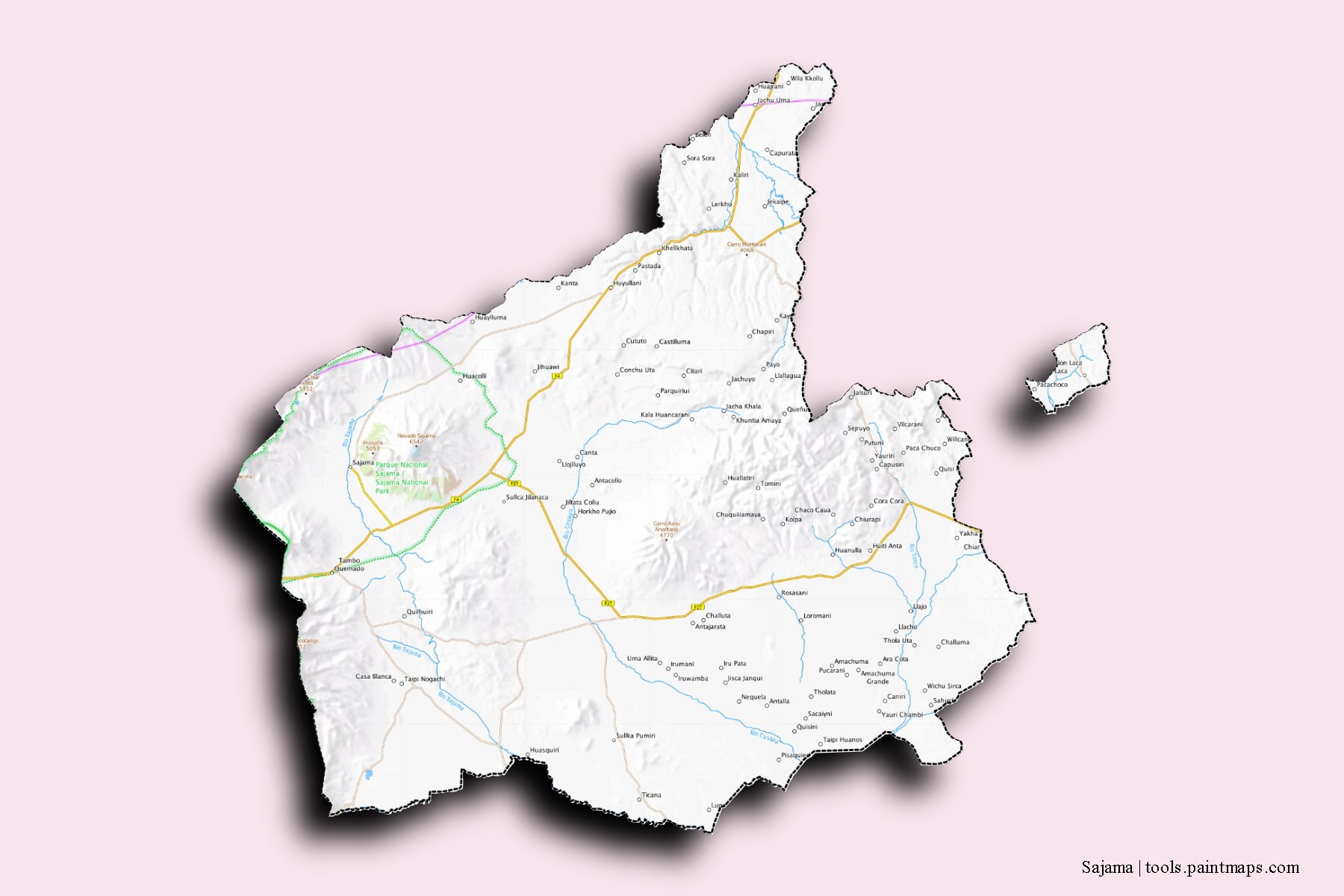 Mapa de barrios y pueblos de Sajama con efecto de sombra 3D