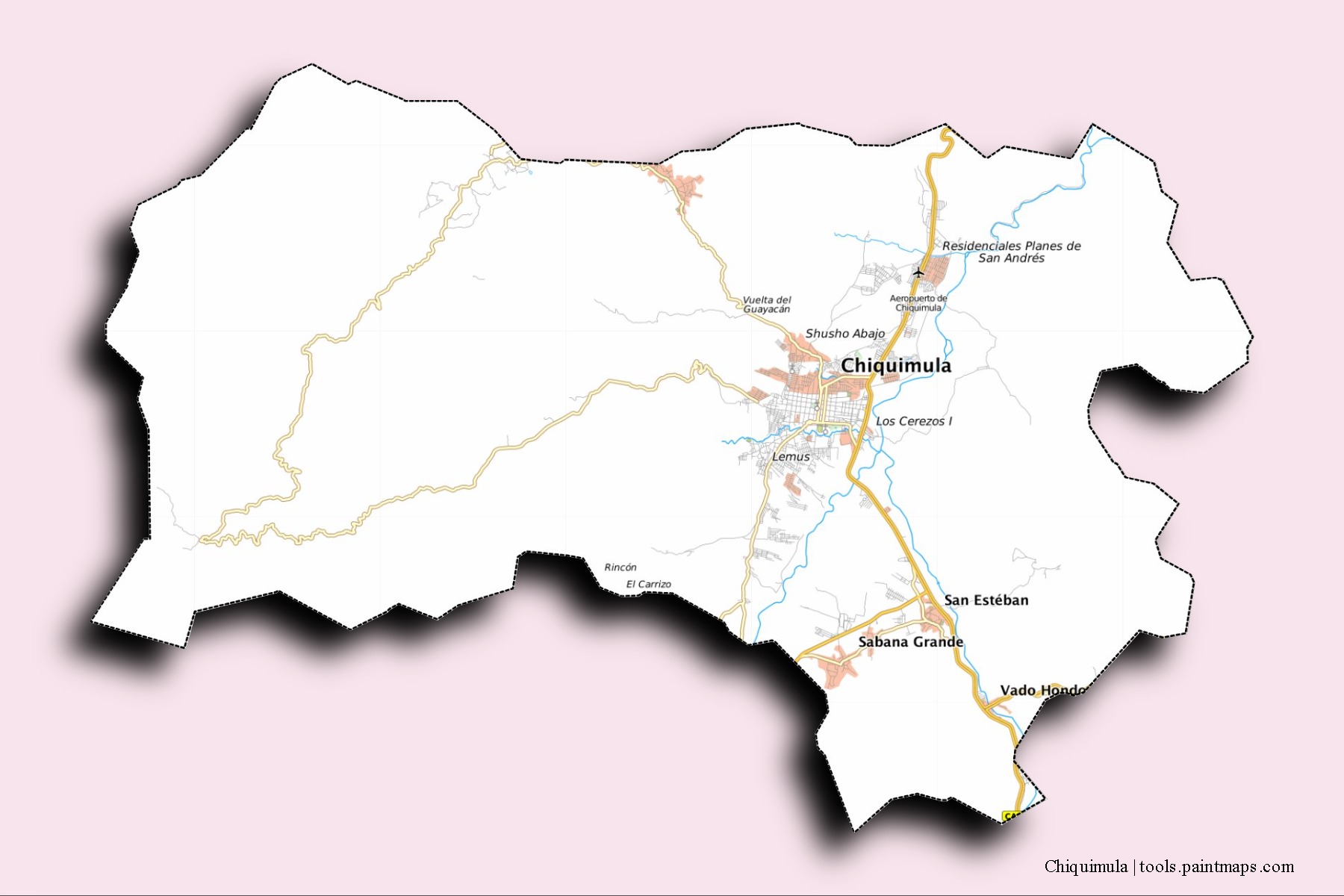 Mapa de barrios y pueblos de Chiquimula con efecto de sombra 3D