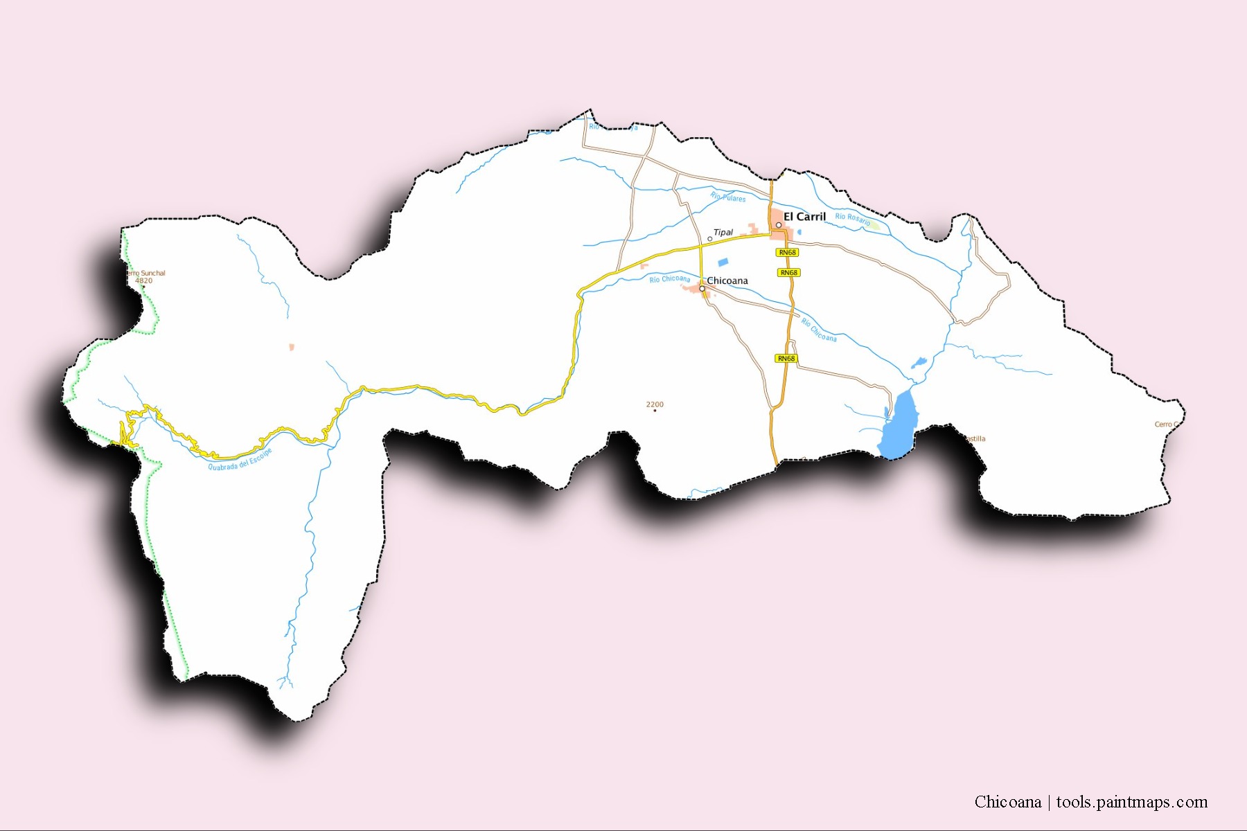 Mapa de barrios y pueblos de Chicoana con efecto de sombra 3D