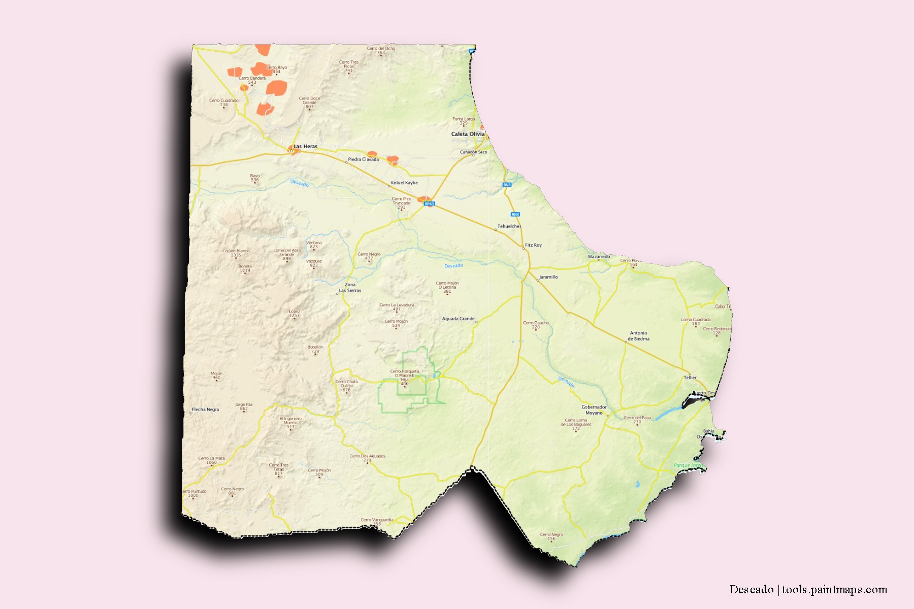 Mapa de barrios y pueblos de Deseado con efecto de sombra 3D