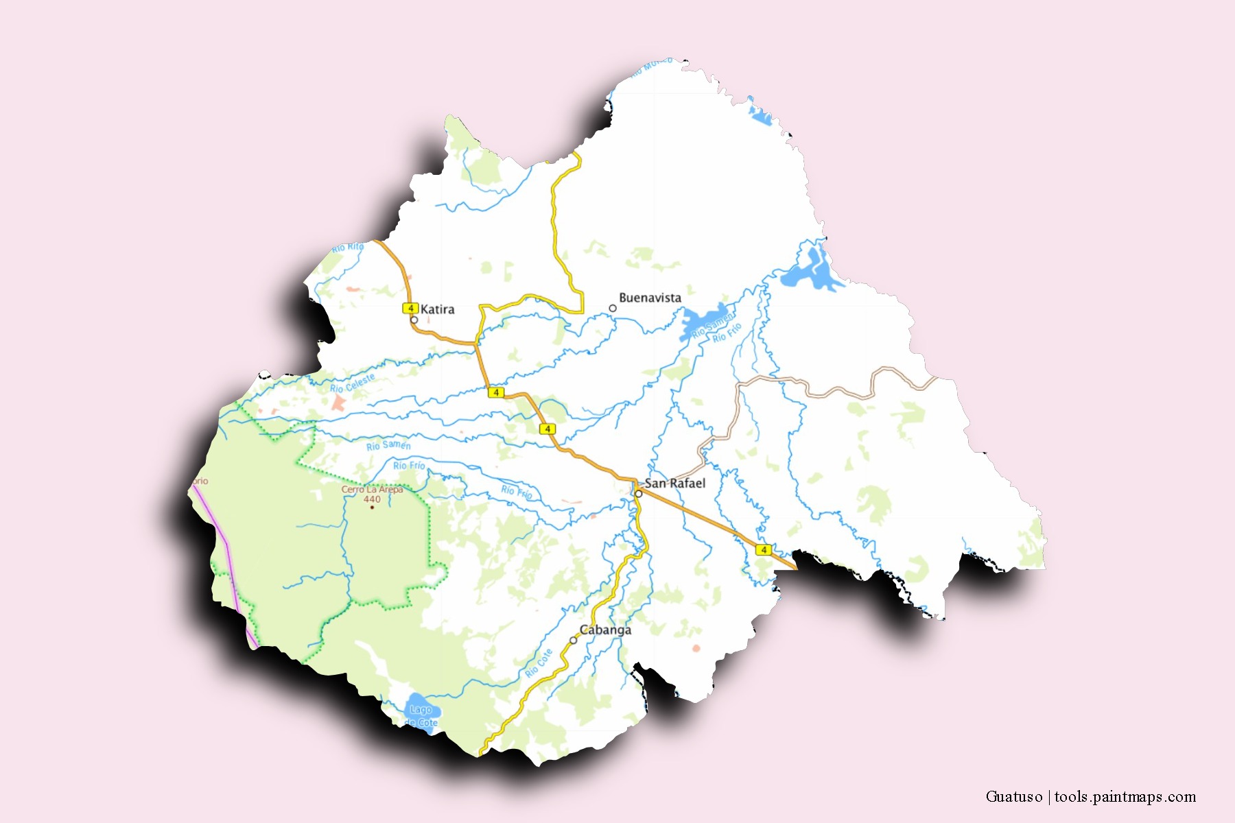 Mapa de barrios y pueblos de Guatuso con efecto de sombra 3D