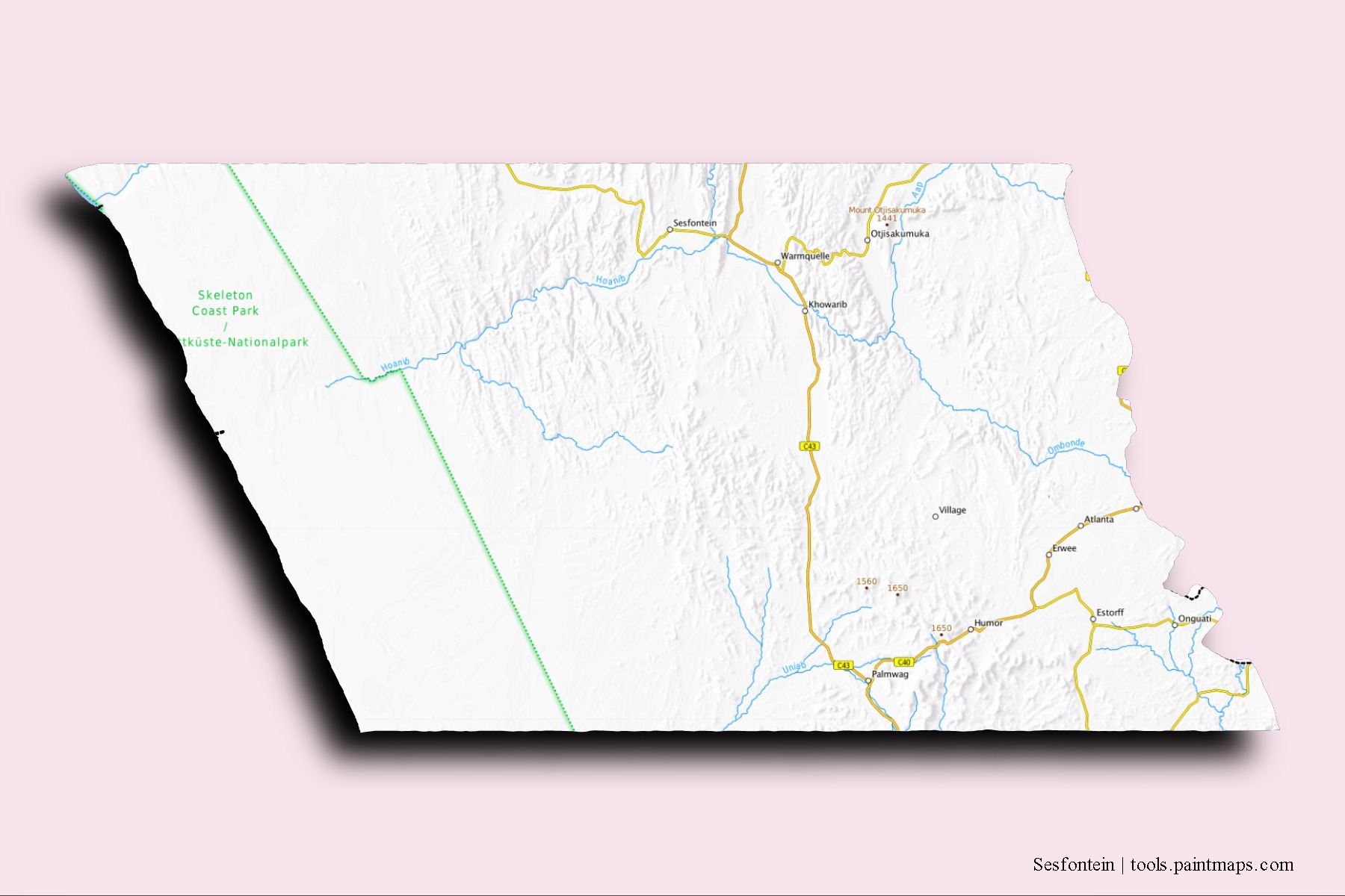 Sesfontein neighborhoods and villages map with 3D shadow effect