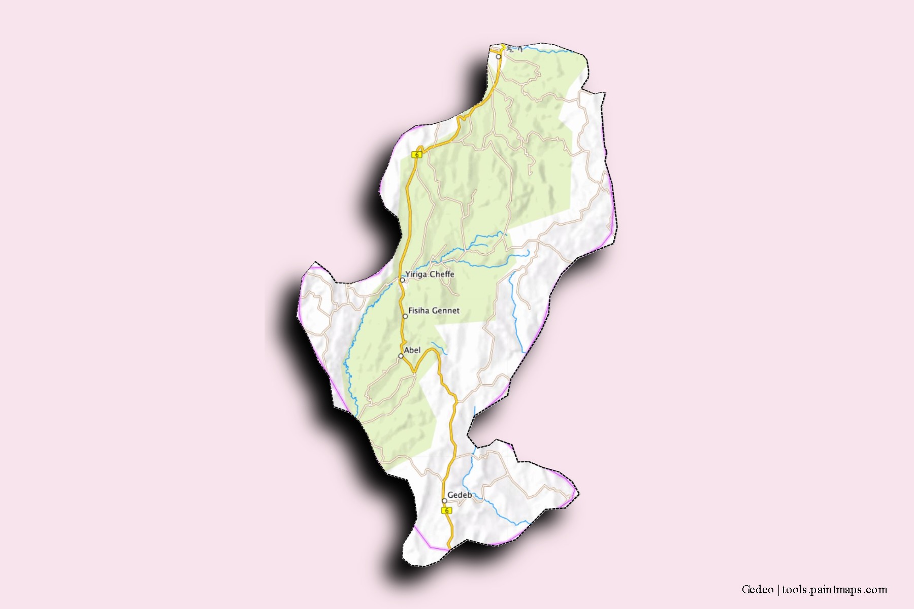 Mapa de barrios y pueblos de Gedeo con efecto de sombra 3D