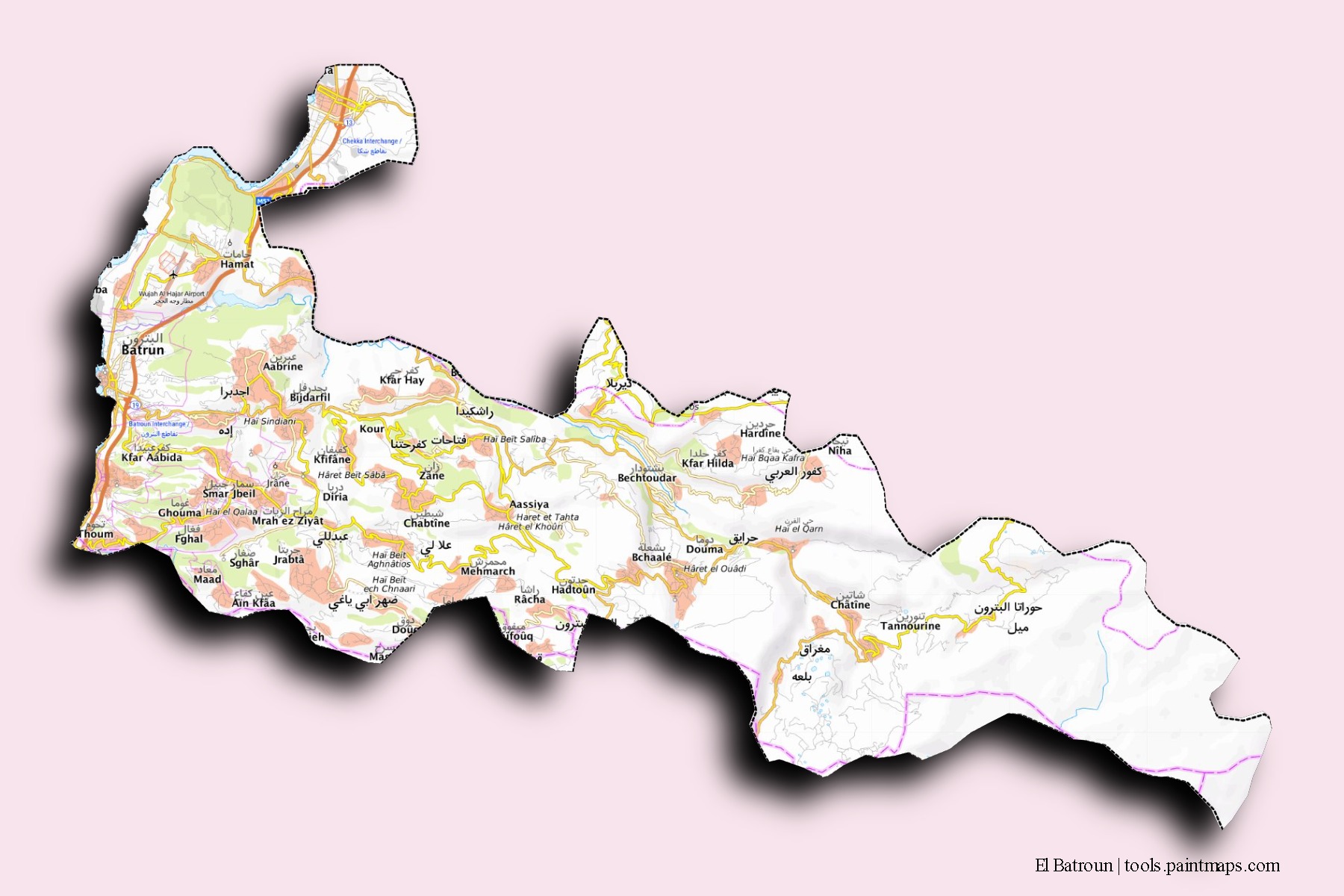 3D gölge efektli El Batroun mahalleleri ve köyleri haritası