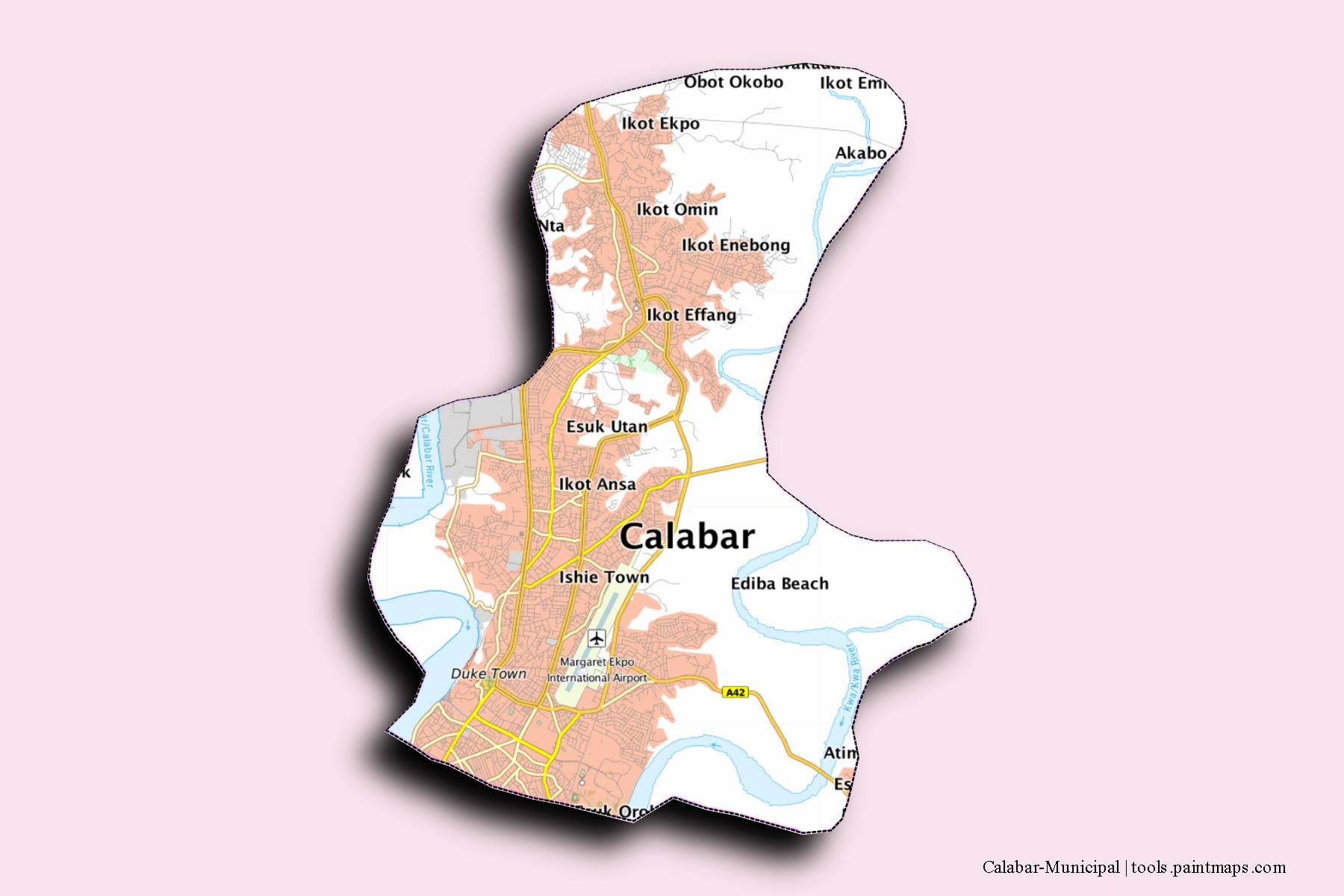 Calabar-Municipal neighborhoods and villages map with 3D shadow effect