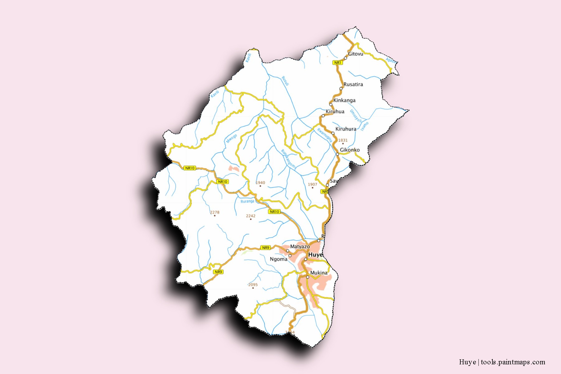 Mapa de barrios y pueblos de Huye con efecto de sombra 3D