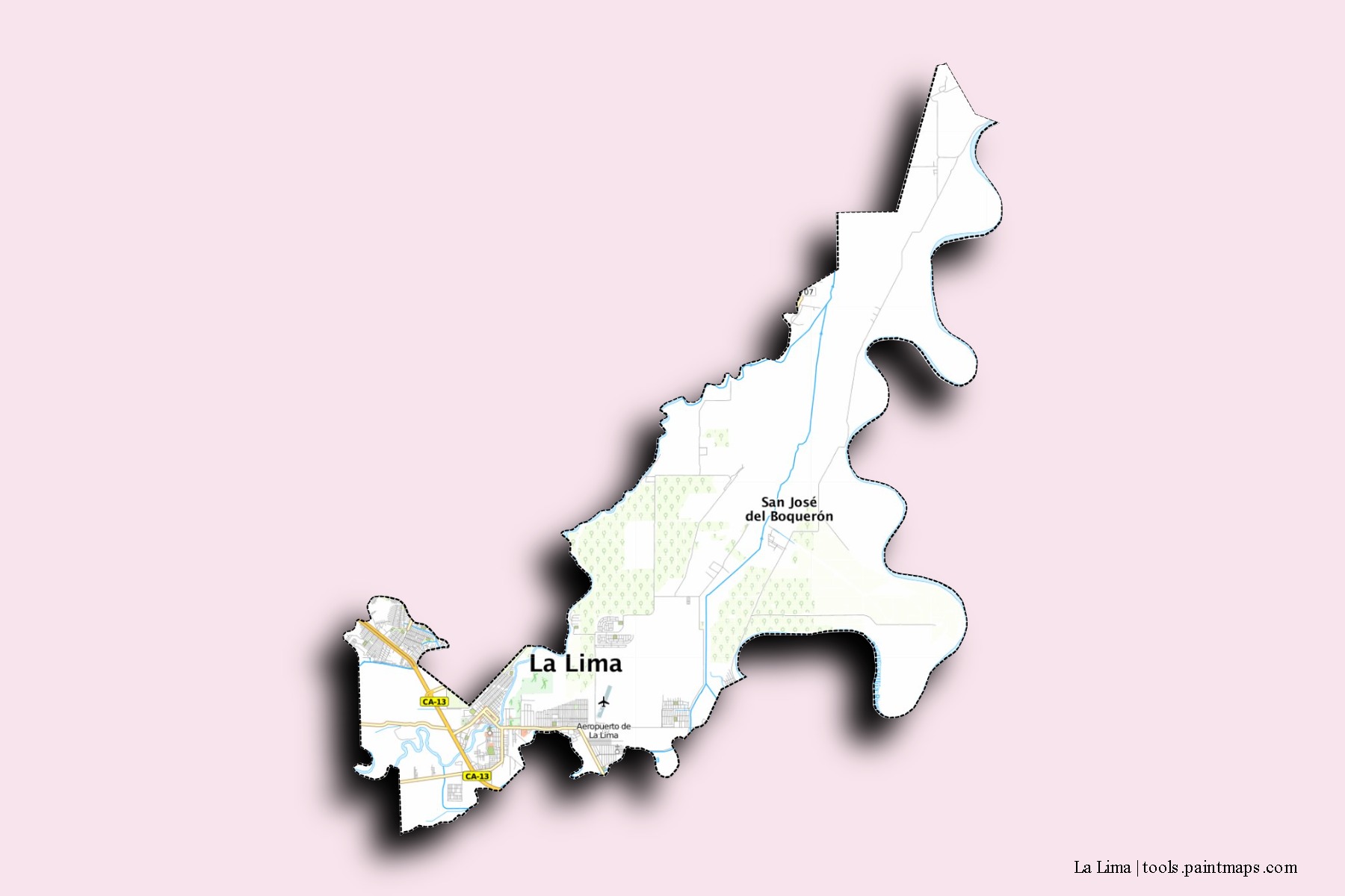 Mapa de barrios y pueblos de La Lima con efecto de sombra 3D