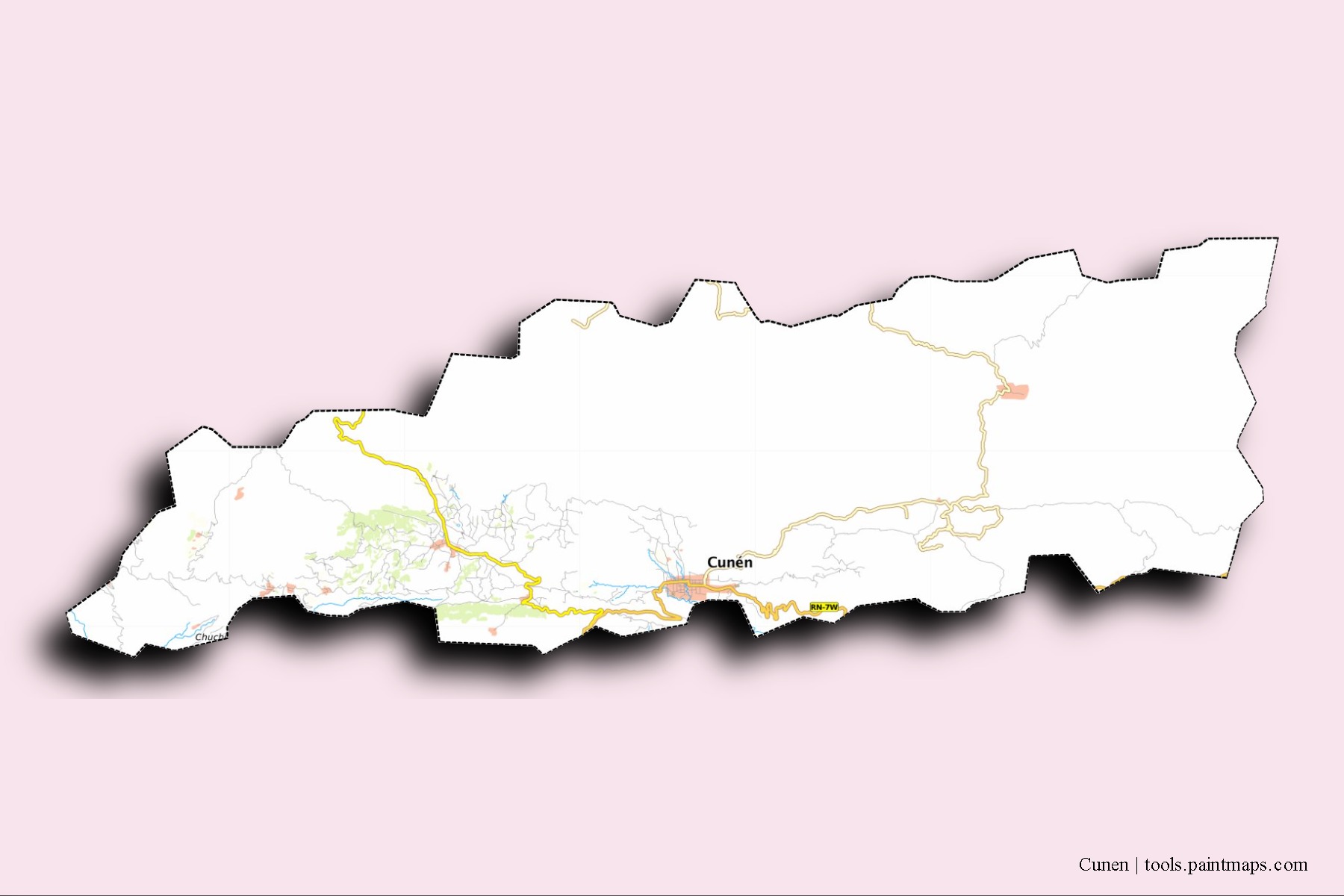 Mapa de barrios y pueblos de Cunen con efecto de sombra 3D