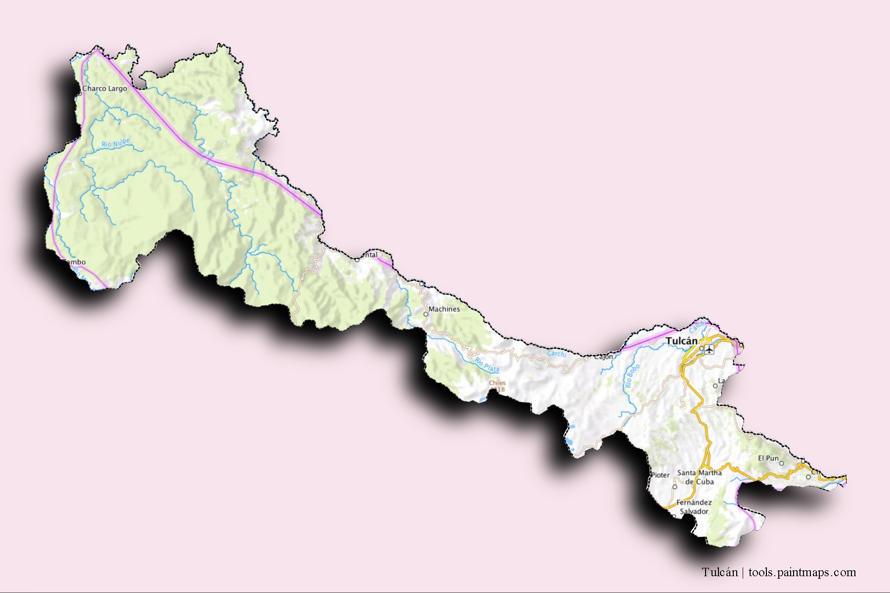 Tulcán neighborhoods and villages map with 3D shadow effect