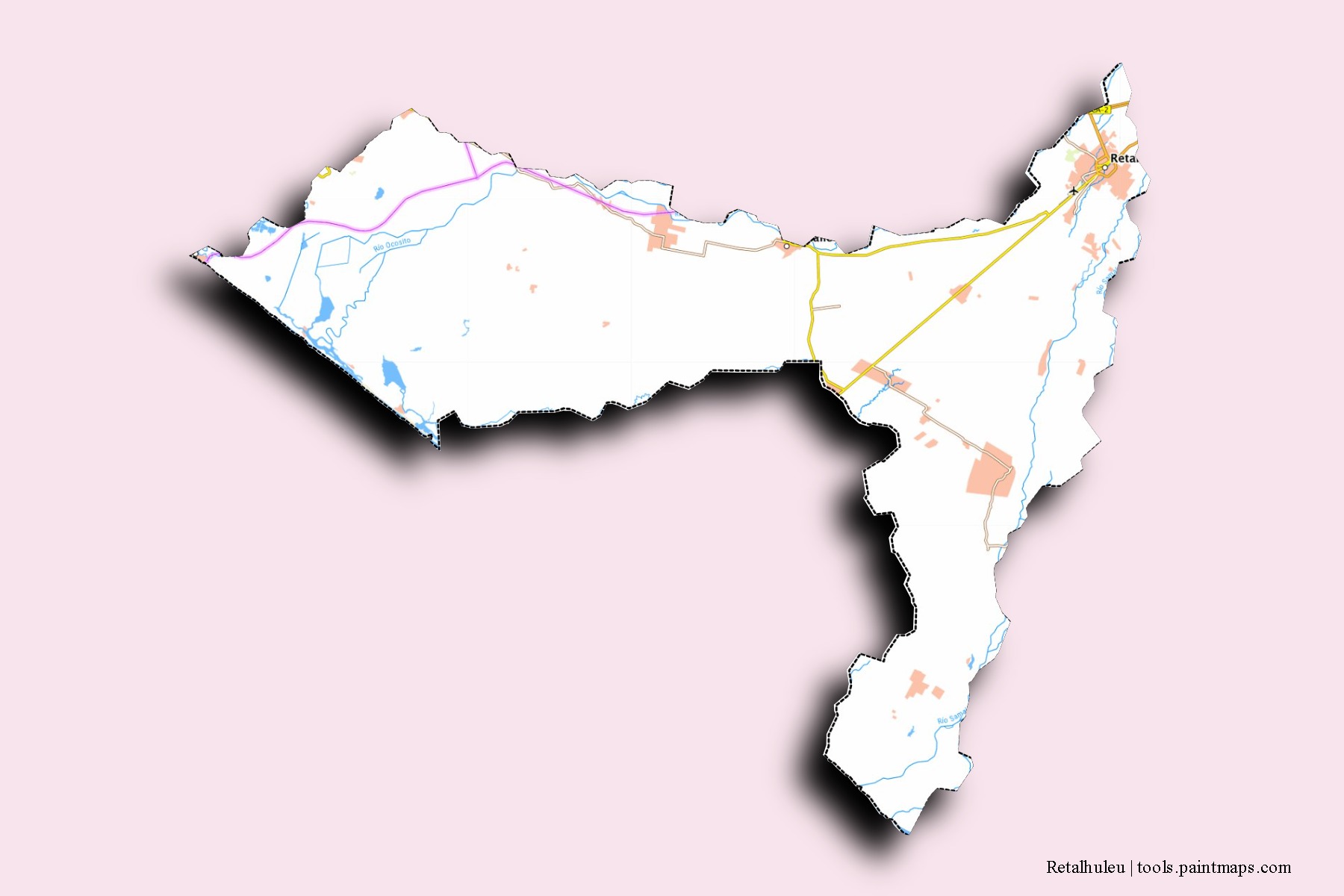 Mapa de barrios y pueblos de Retalhuleu con efecto de sombra 3D