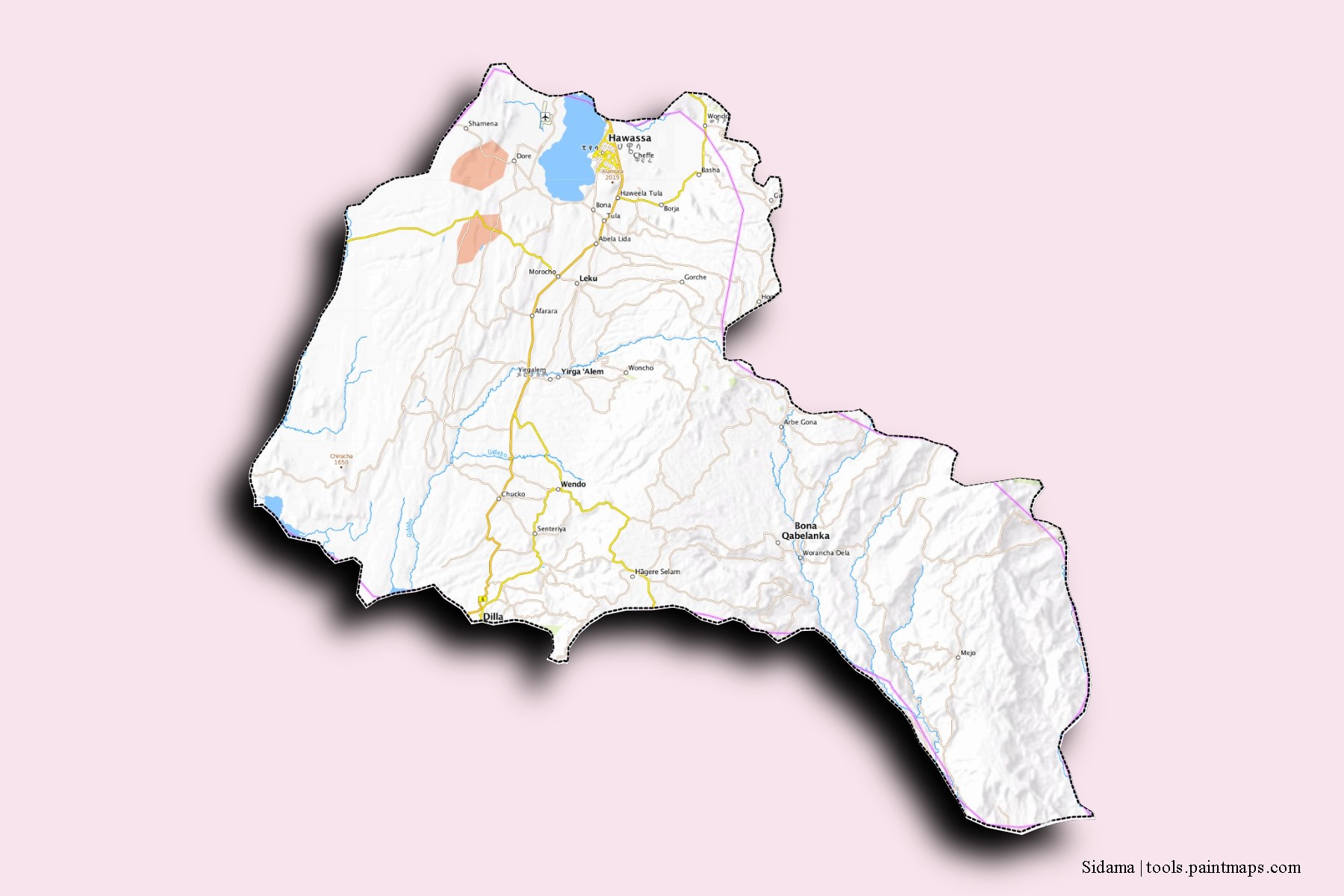 Mapa de barrios y pueblos de Sidama con efecto de sombra 3D