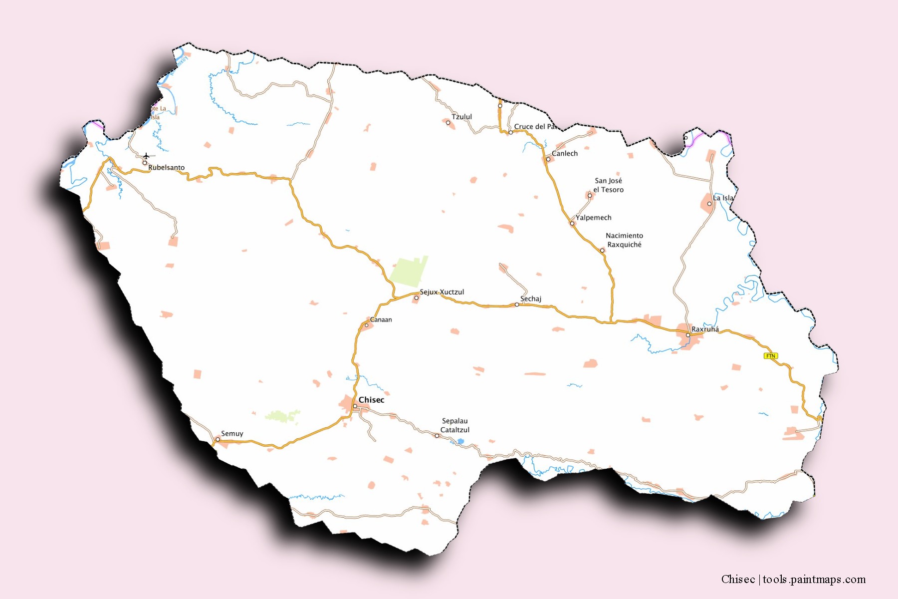 Mapa de barrios y pueblos de Chisec con efecto de sombra 3D