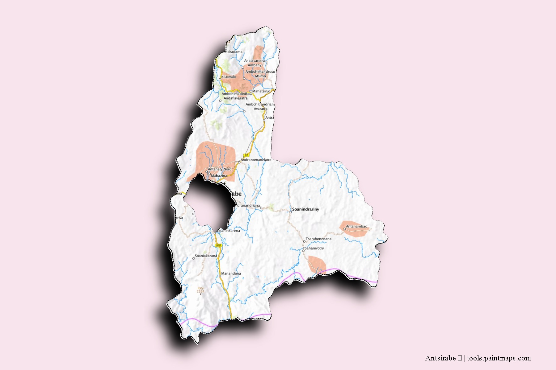 Mapa de barrios y pueblos de Antsirabe II con efecto de sombra 3D