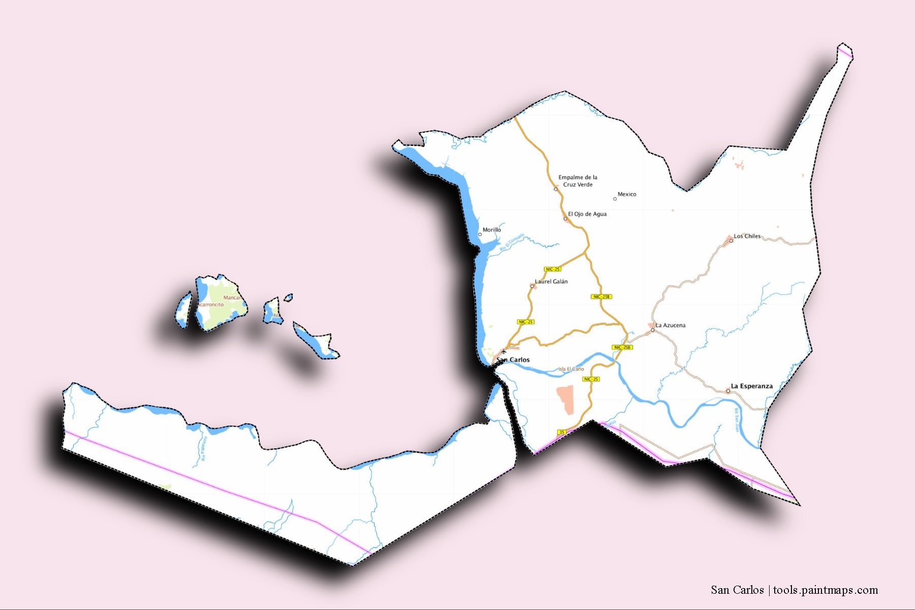 Mapa de barrios y pueblos de San Carlos con efecto de sombra 3D