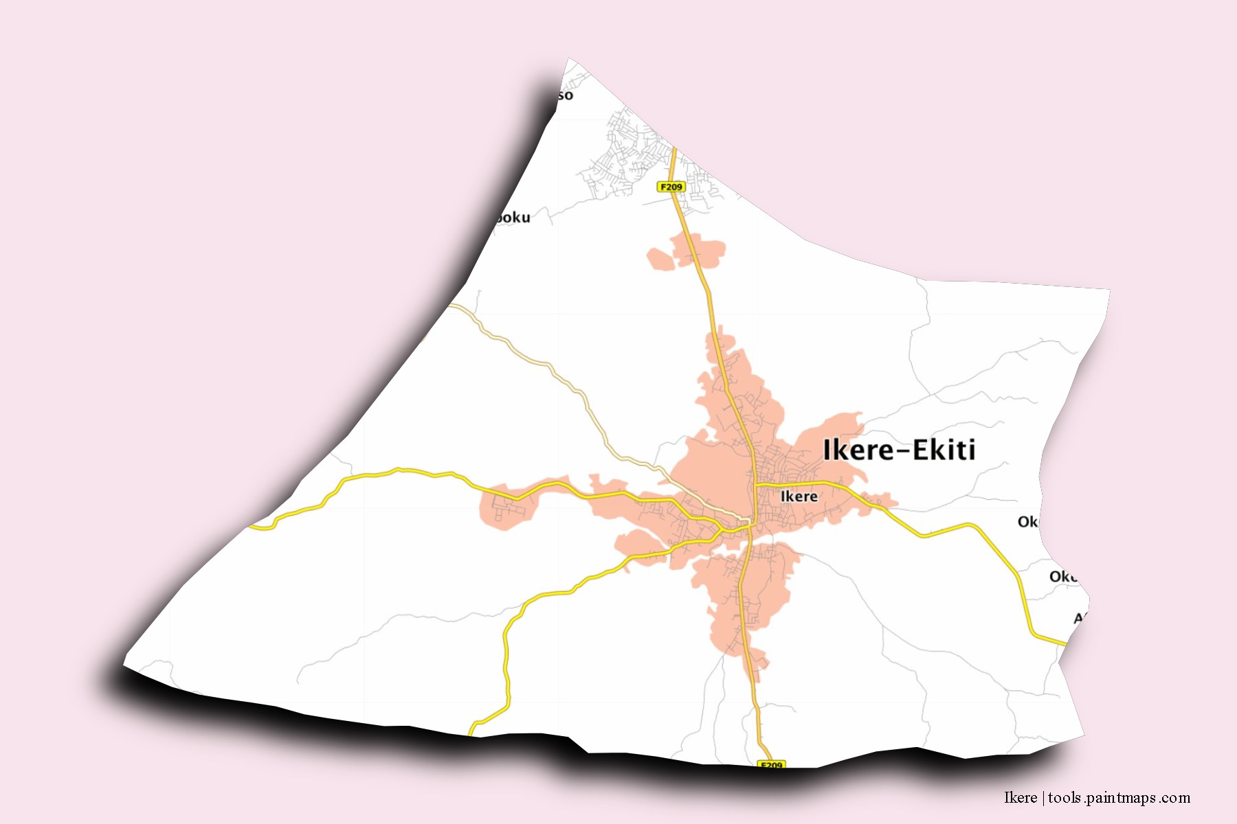 Ikere neighborhoods and villages map with 3D shadow effect