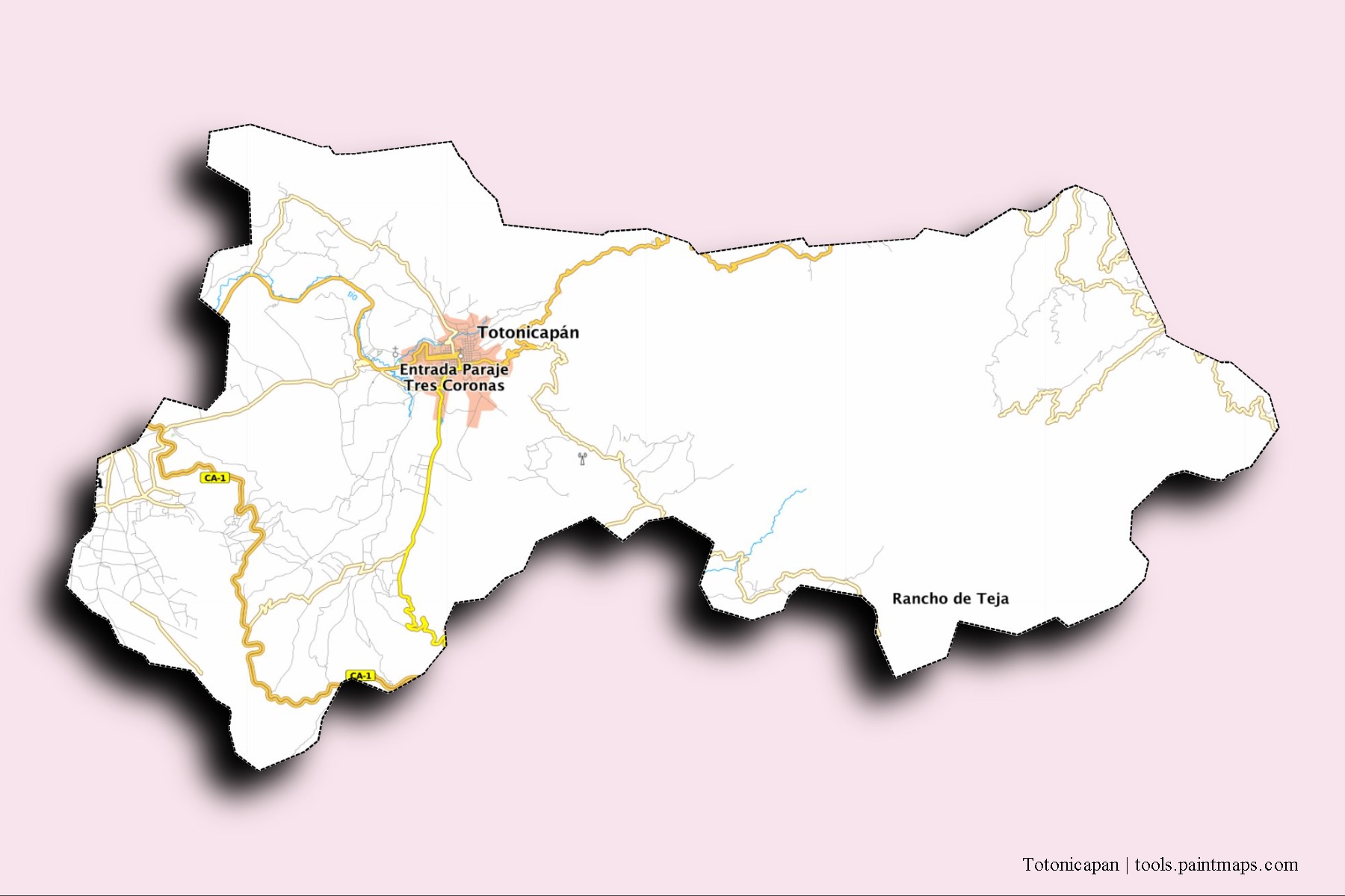 3D gölge efektli Totonicapan mahalleleri ve köyleri haritası