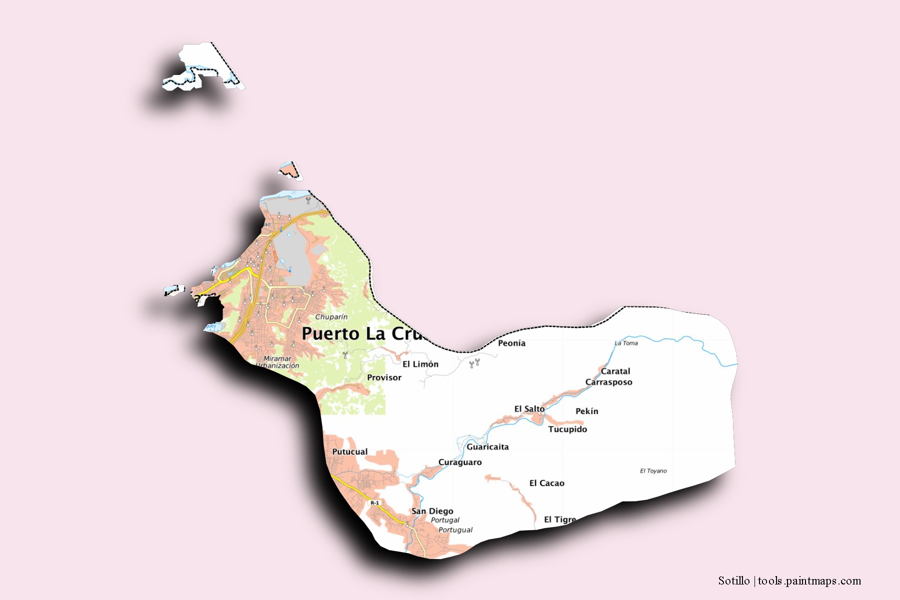 3D gölge efektli Sotillo mahalleleri ve köyleri haritası