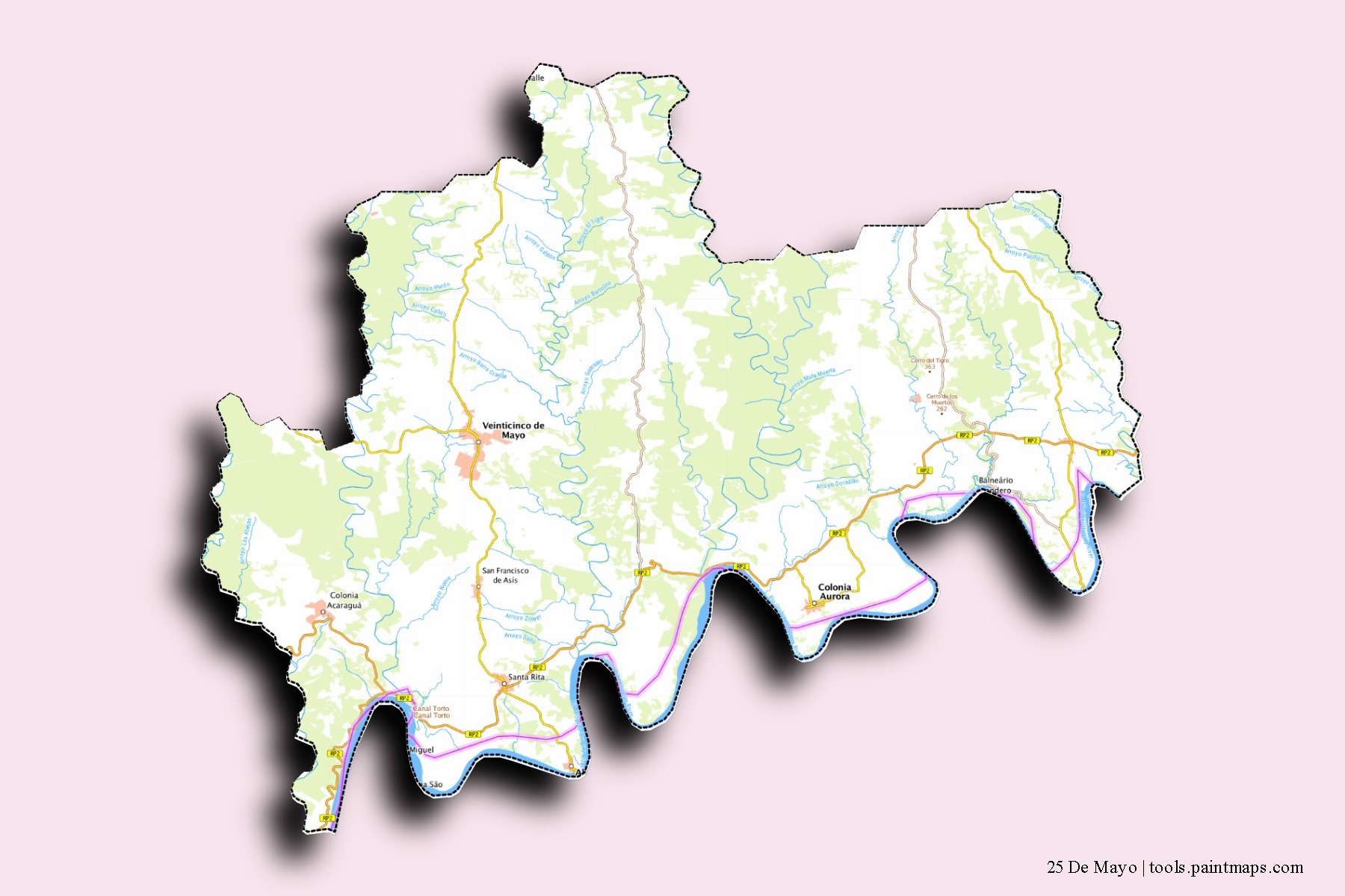 Veinticinco de Mayo neighborhoods and villages map with 3D shadow effect