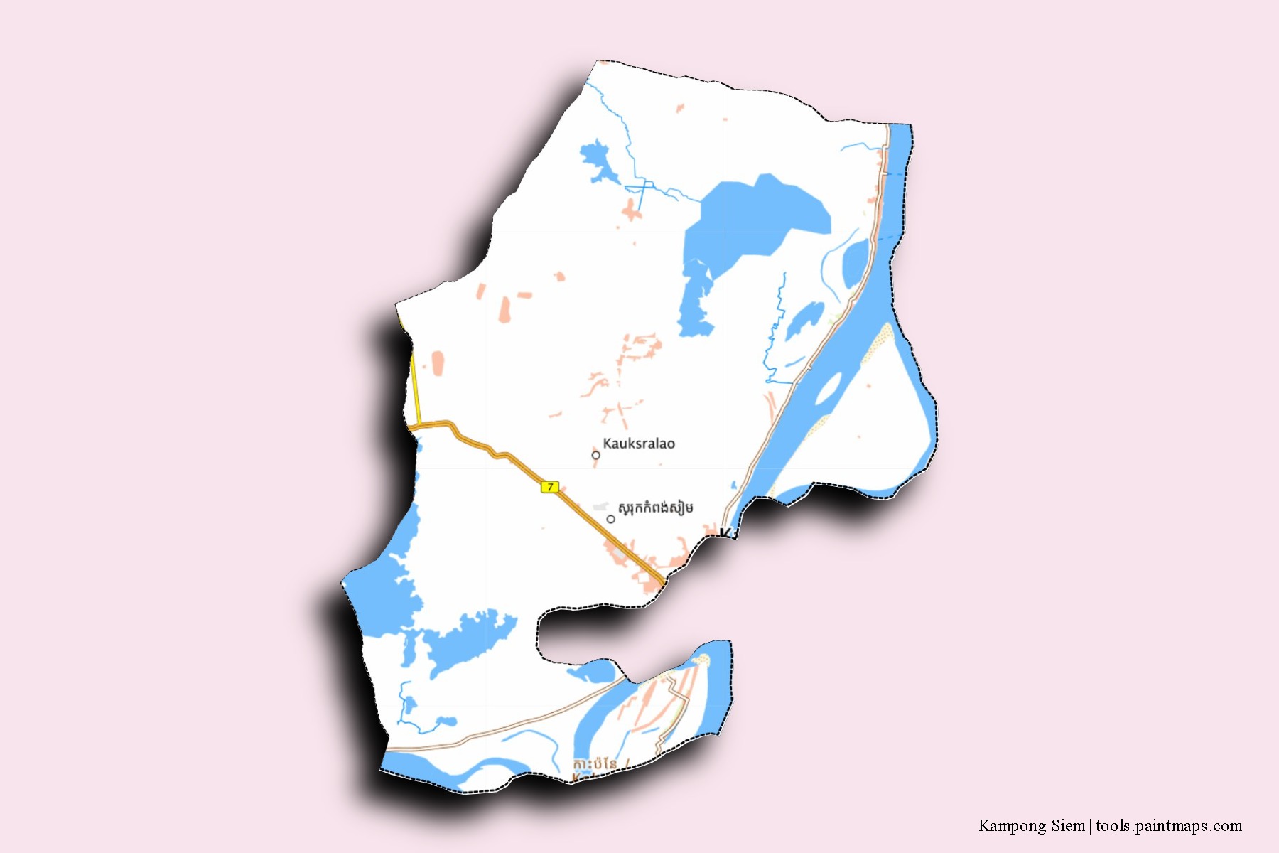 Mapa de barrios y pueblos de Kampong Siem con efecto de sombra 3D