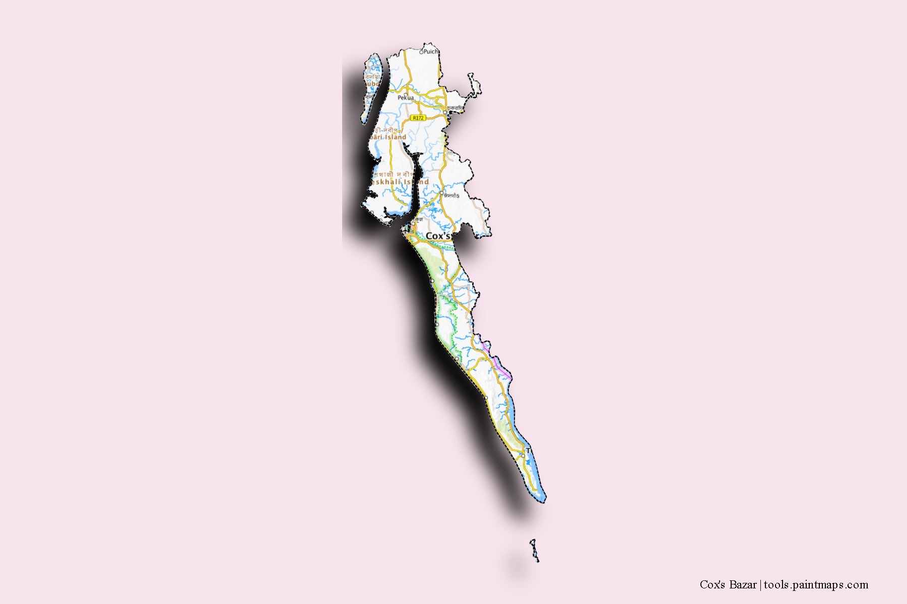 Mapa de barrios y pueblos de Cox's Bazar con efecto de sombra 3D