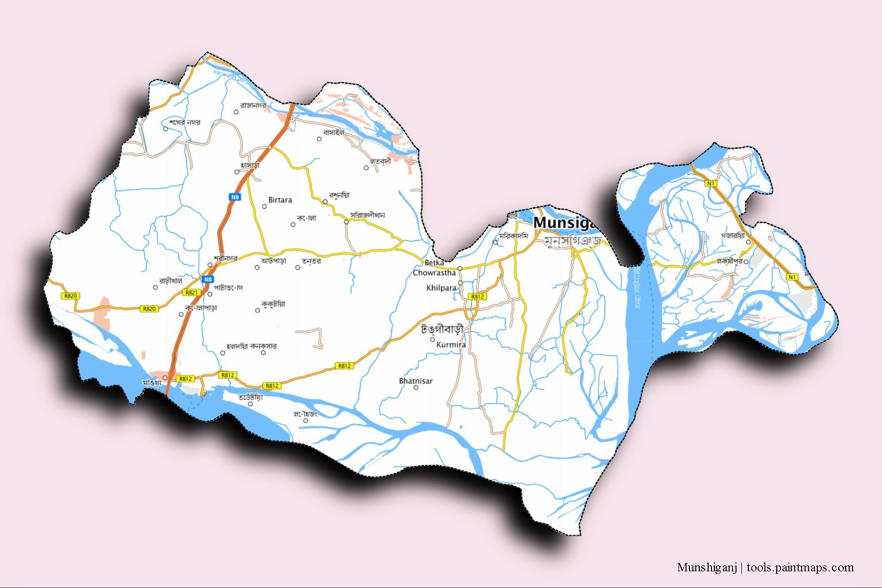 Mapa de barrios y pueblos de Munshiganj con efecto de sombra 3D