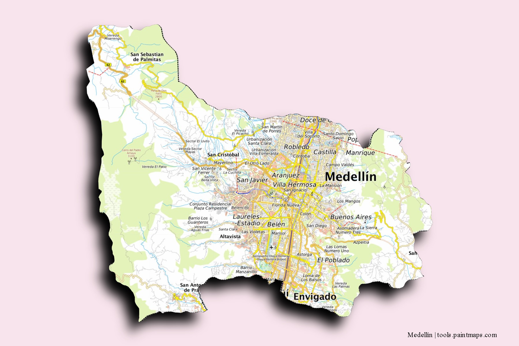 Medellín neighborhoods and villages map with 3D shadow effect