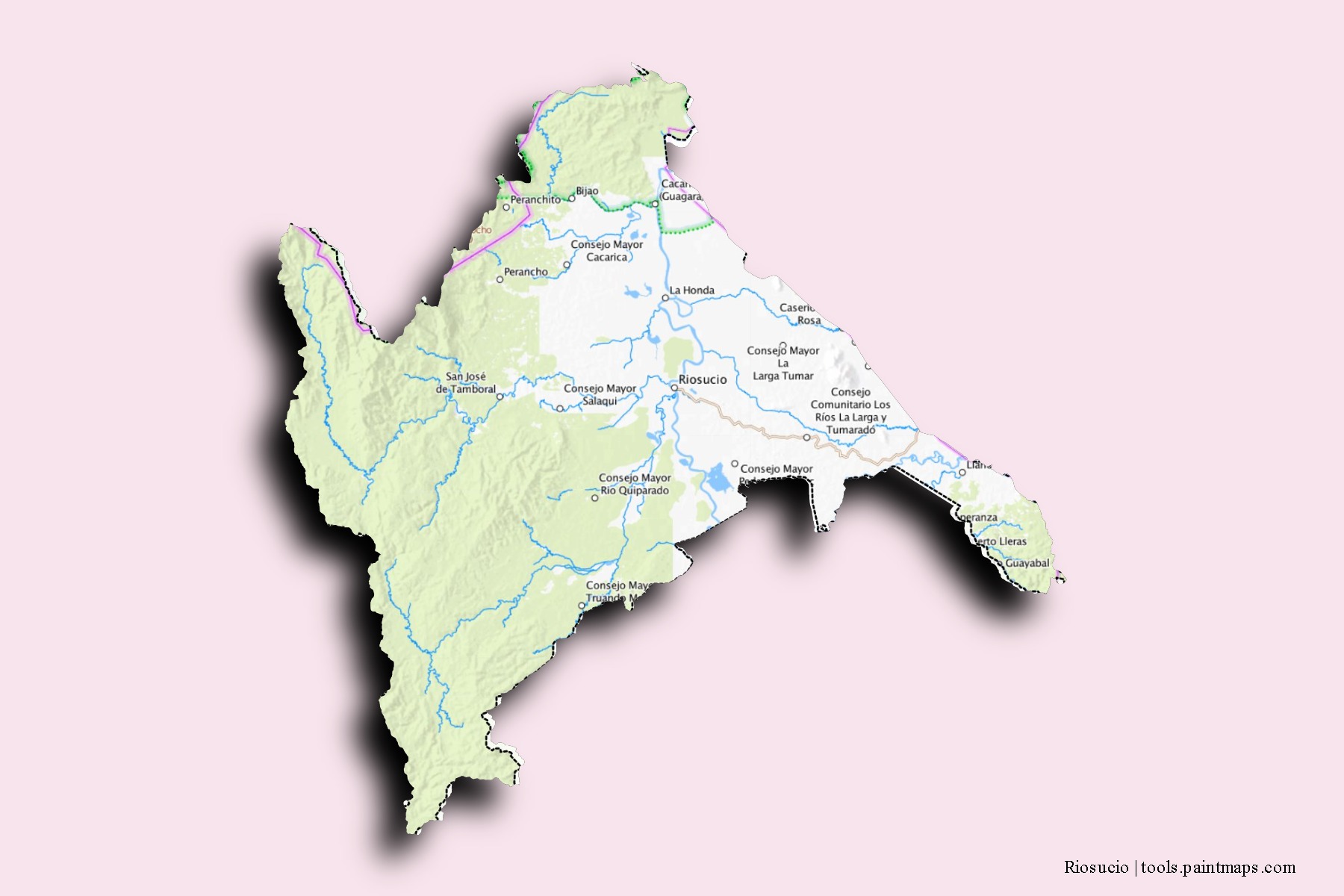 Riosucio neighborhoods and villages map with 3D shadow effect