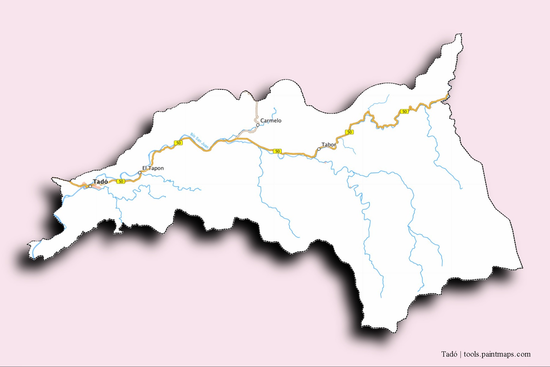 Tadó neighborhoods and villages map with 3D shadow effect