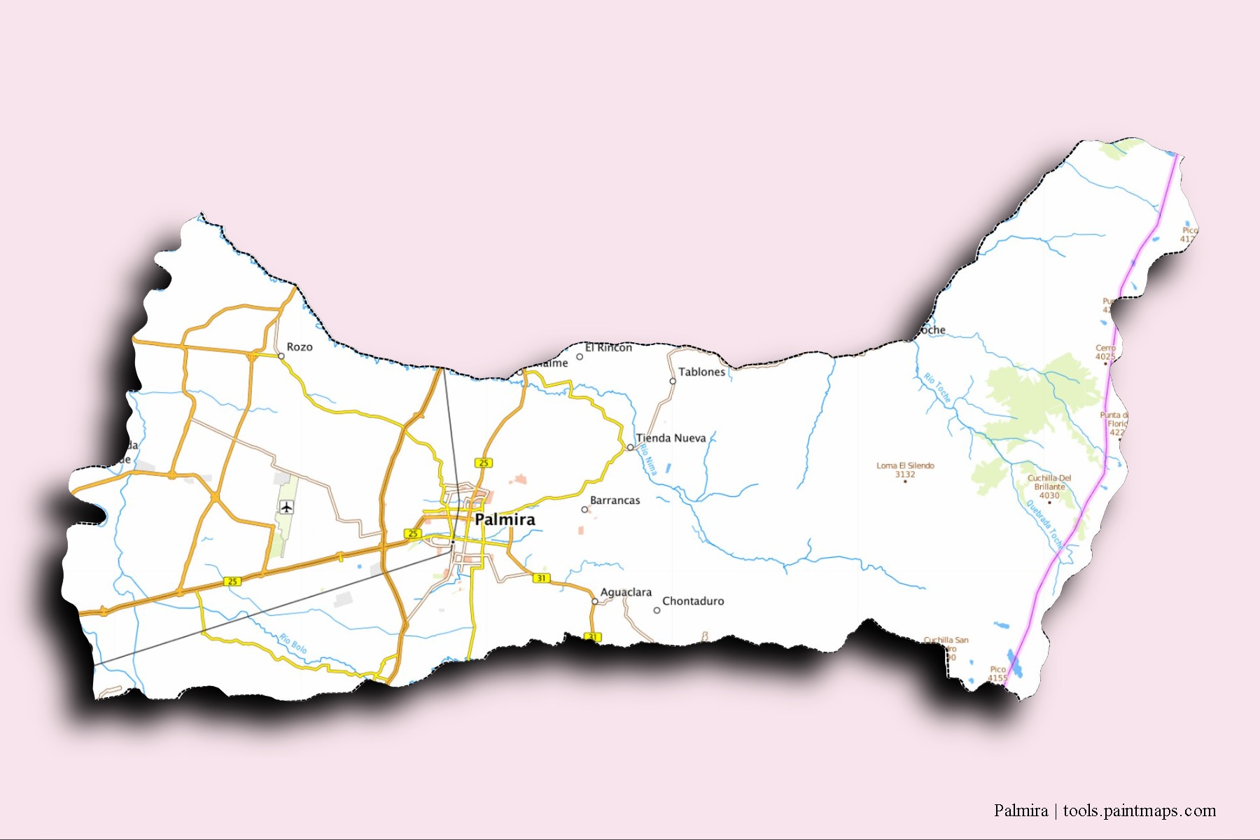 Palmira neighborhoods and villages map with 3D shadow effect