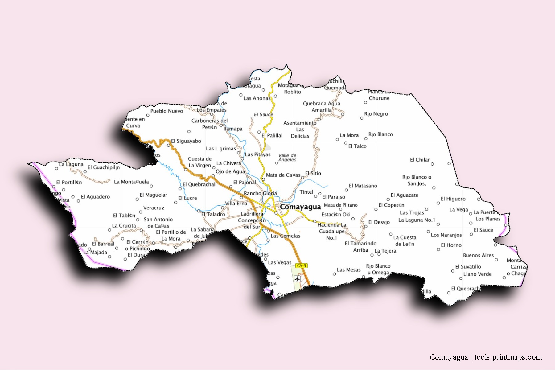 Comayagua neighborhoods and villages map with 3D shadow effect