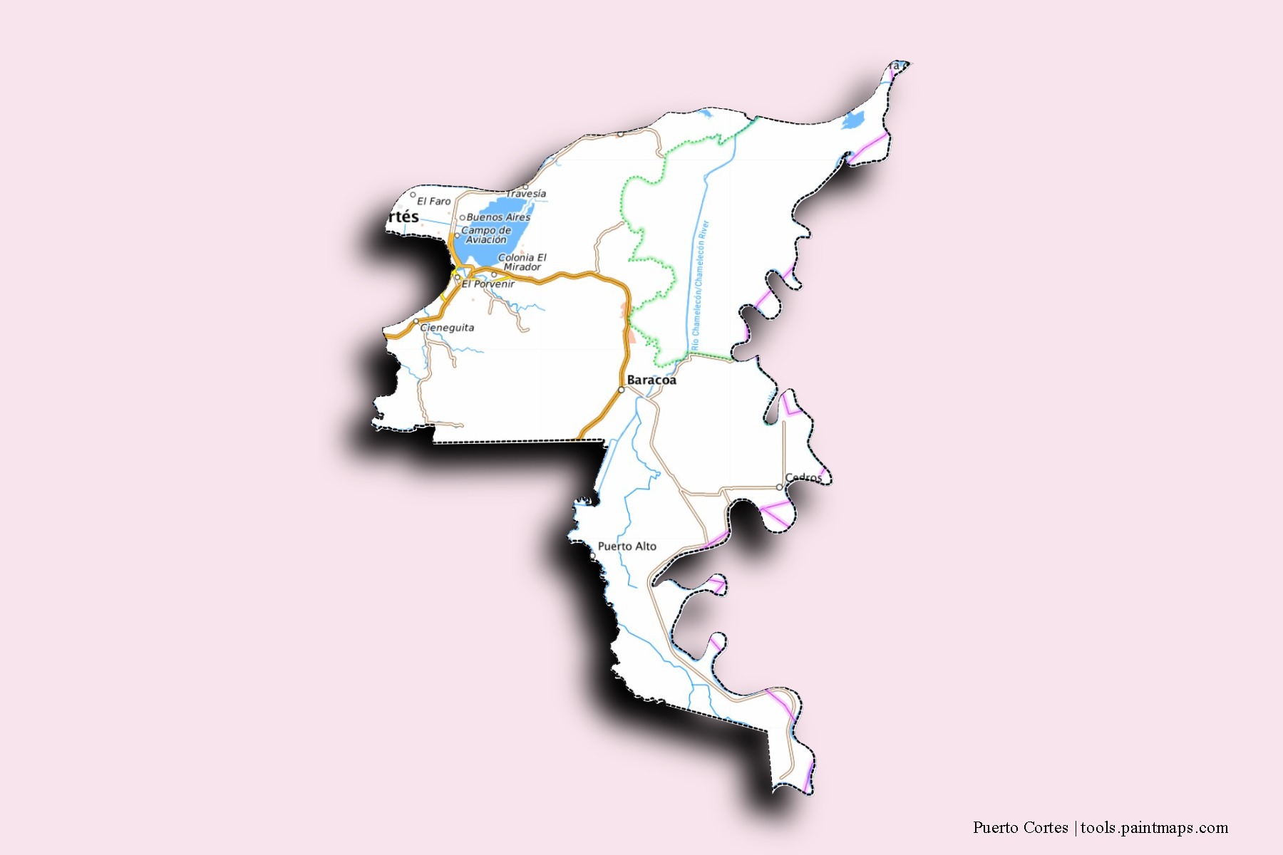 Puerto Cortés neighborhoods and villages map with 3D shadow effect