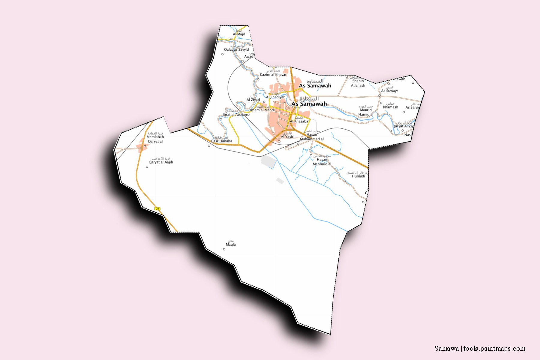 Samawa neighborhoods and villages map with 3D shadow effect