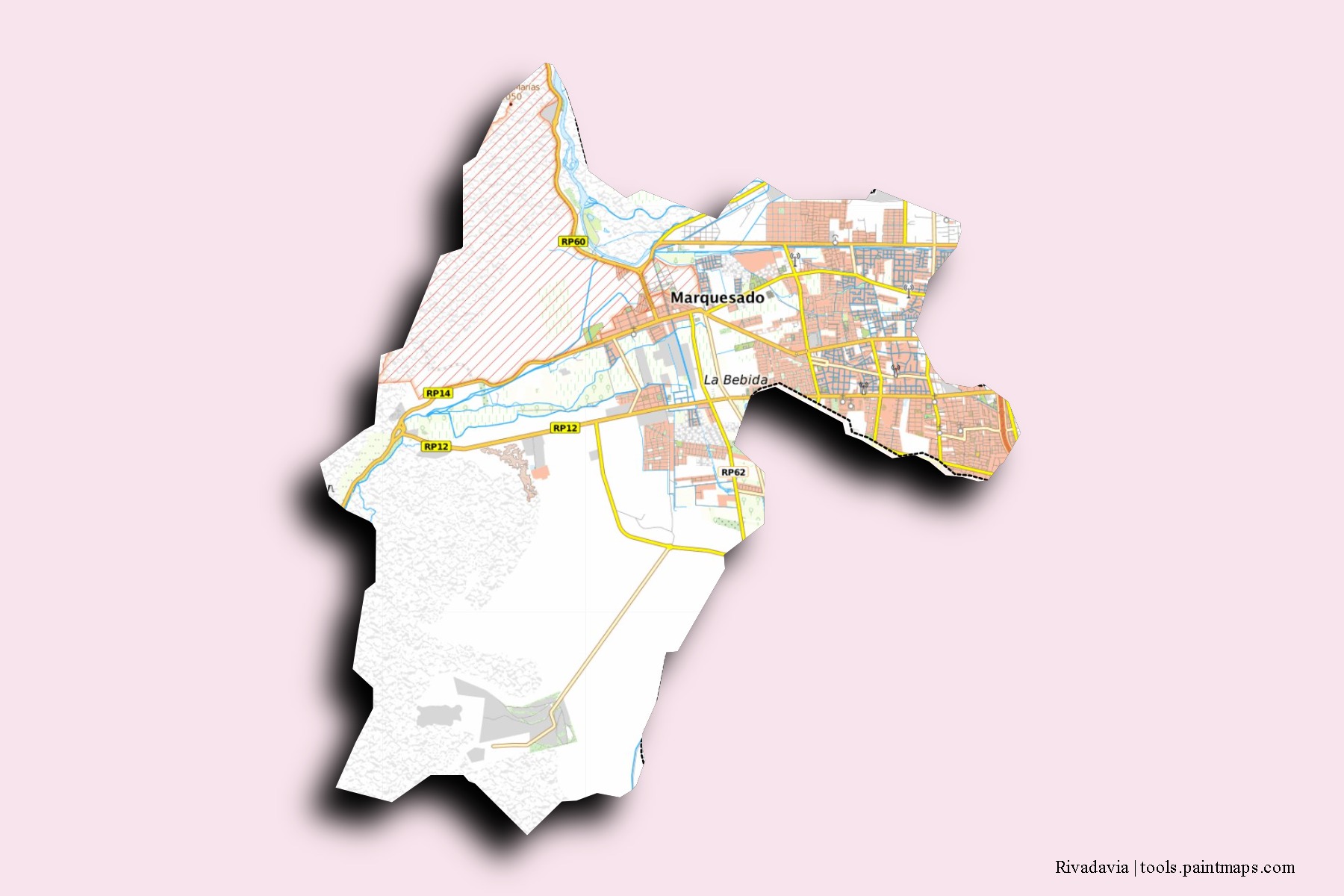 Mapa de barrios y pueblos de Rivadavia con efecto de sombra 3D