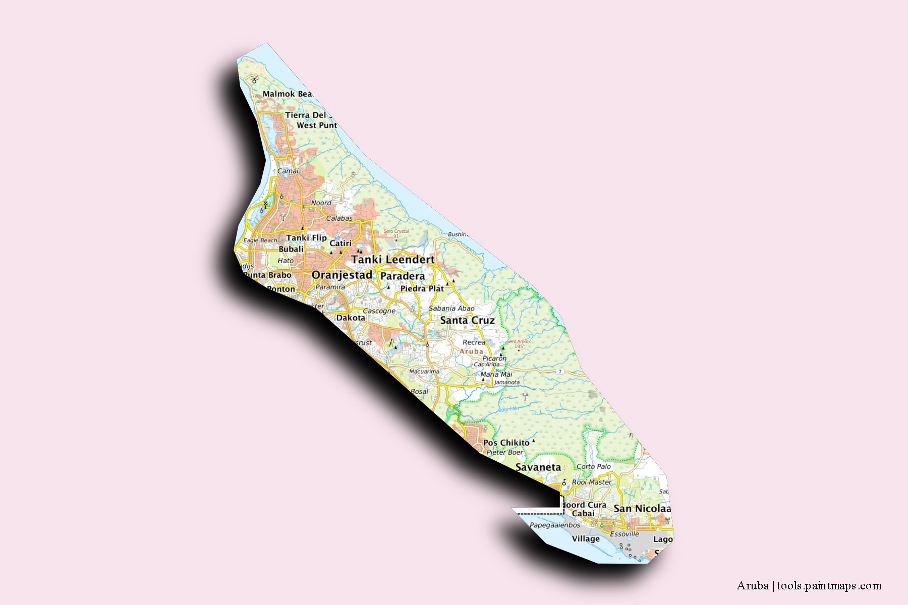 Aruba and counties map with 3D shadow effect