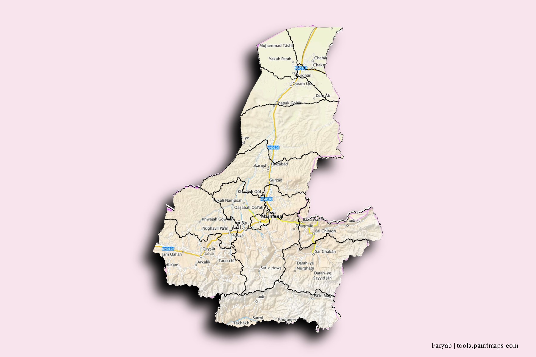 Faryab and counties map with 3D shadow effect