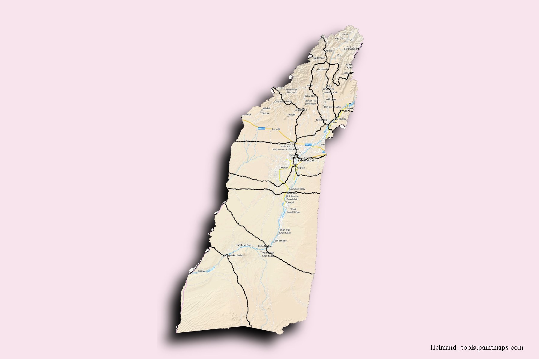 Helmand and counties map with 3D shadow effect