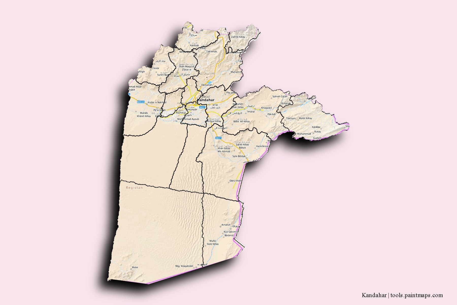 Kandahar and counties map with 3D shadow effect