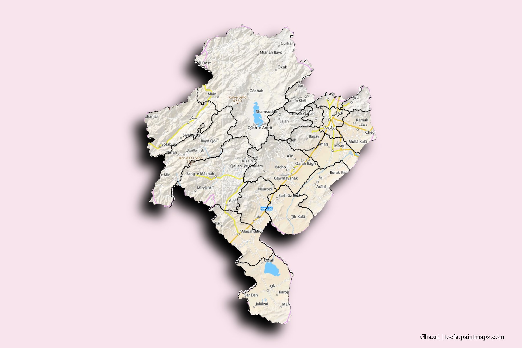 Ghazni and counties map with 3D shadow effect