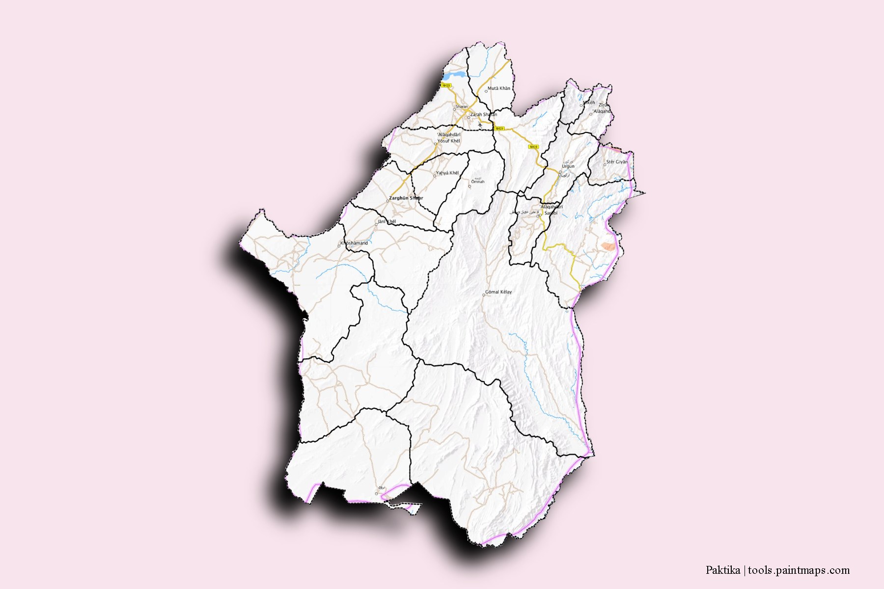 Paktika and counties map with 3D shadow effect