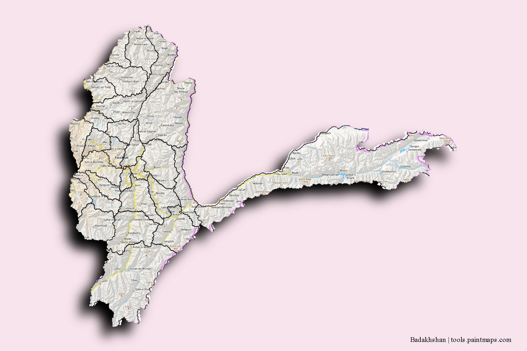 Mapa de Badakhshan y sus distritos con efecto de sombra 3D