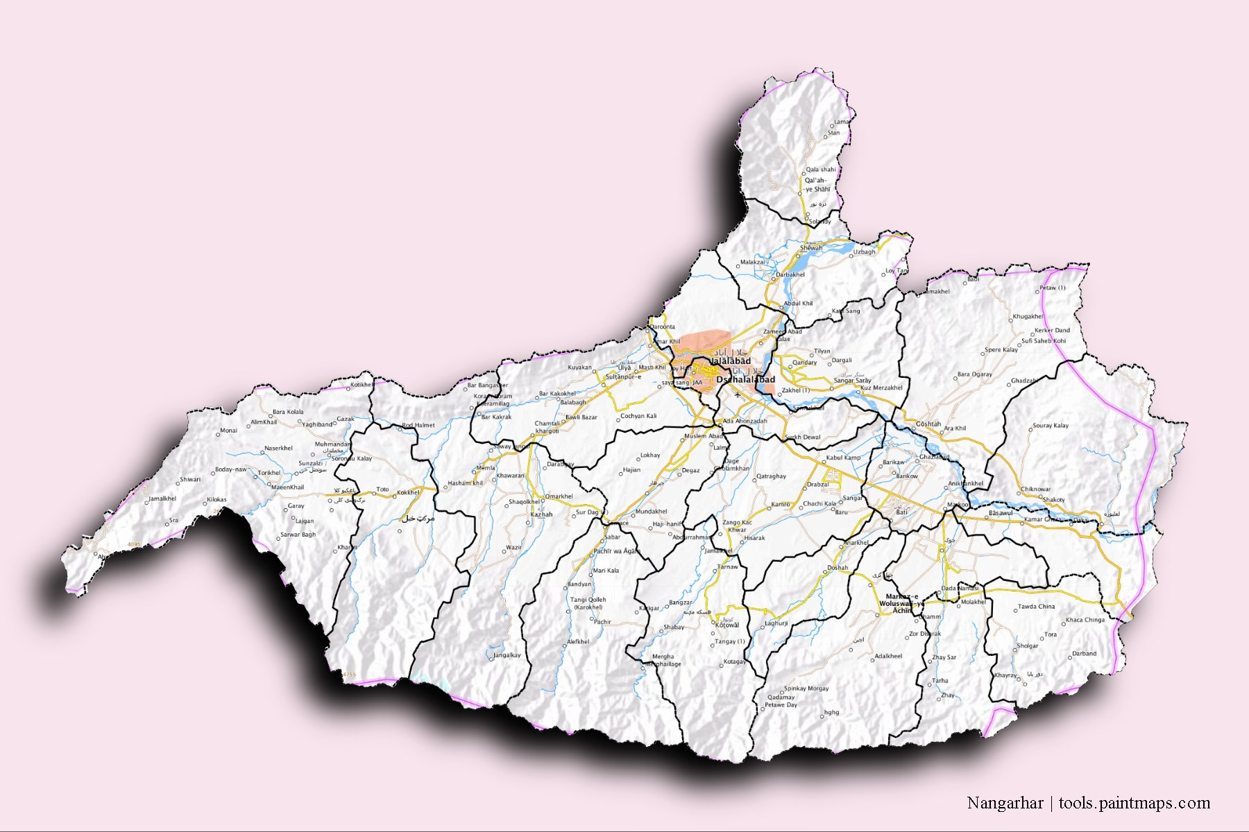 Nangarhar and counties map with 3D shadow effect