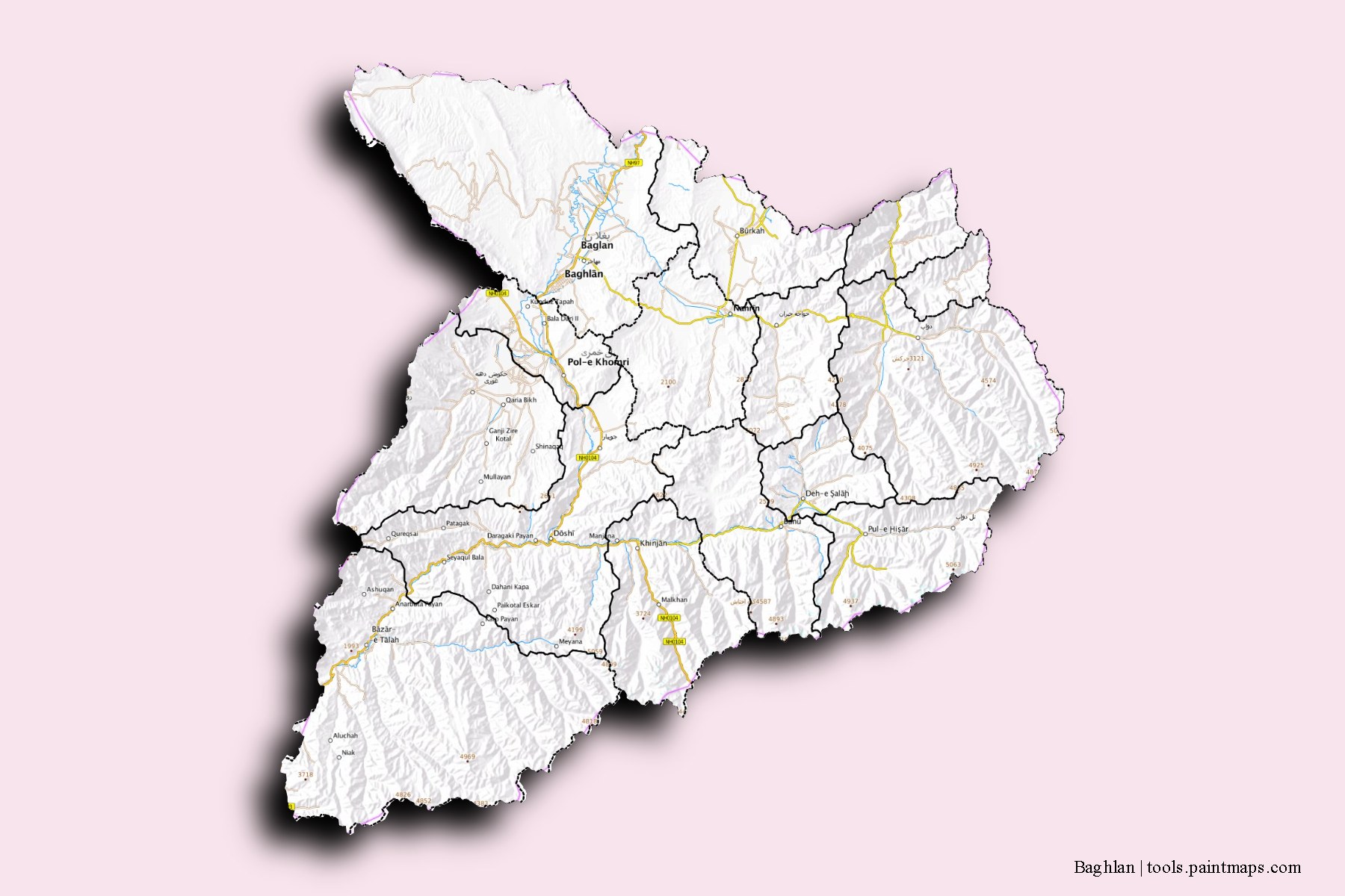 Baghlan and counties map with 3D shadow effect