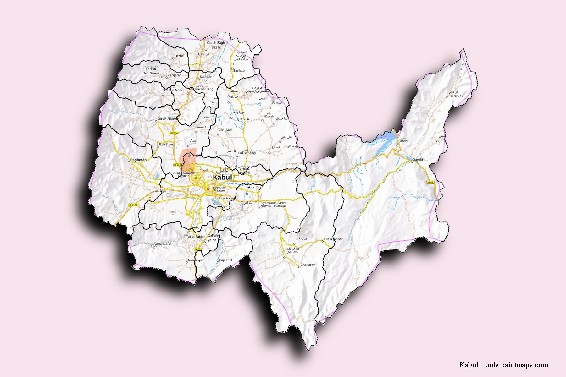 Kabul and counties map with 3D shadow effect