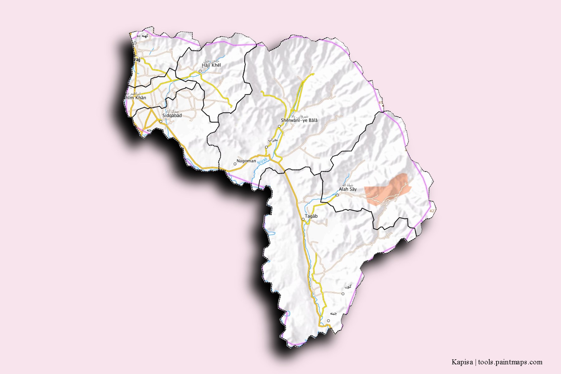 Kapisa and counties map with 3D shadow effect