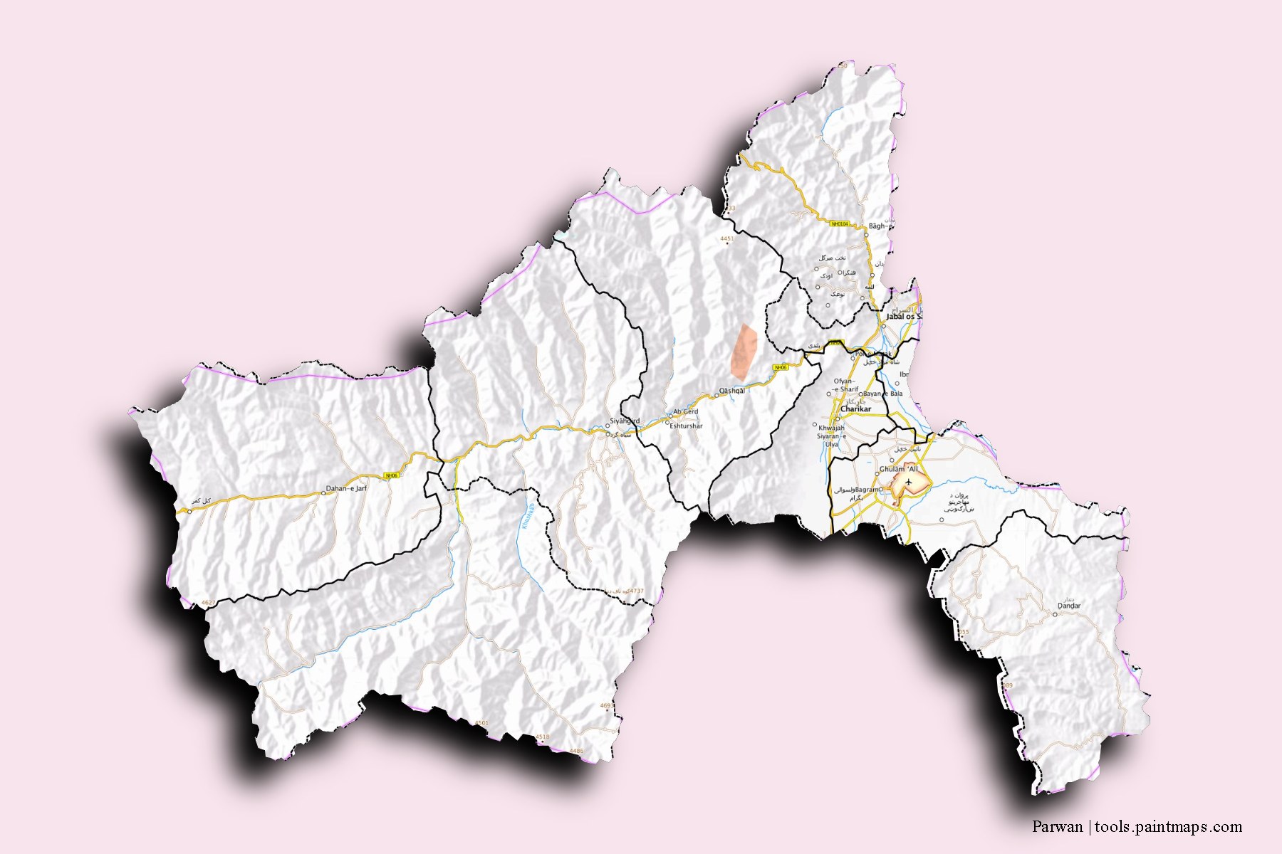 Parwan and counties map with 3D shadow effect