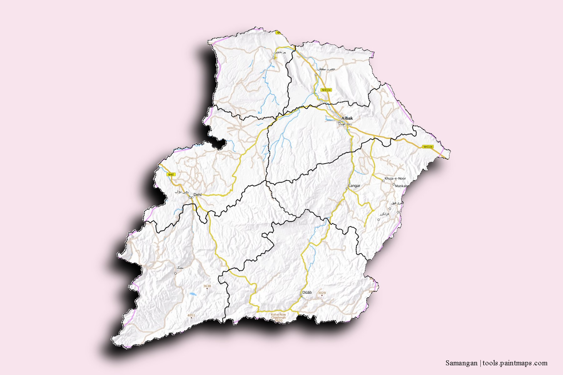 Samangan and counties map with 3D shadow effect