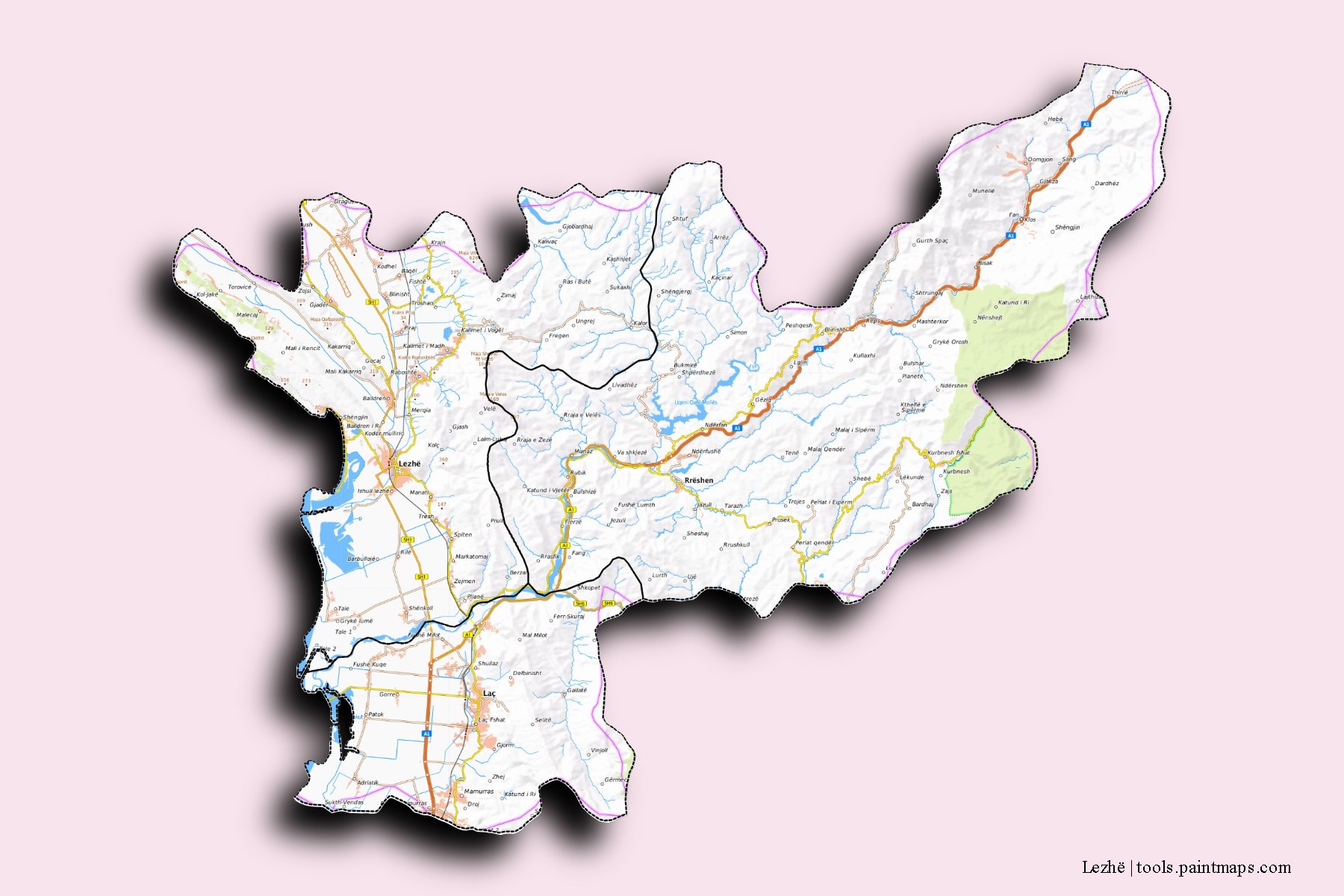 Mapa de Lezhë y sus distritos con efecto de sombra 3D